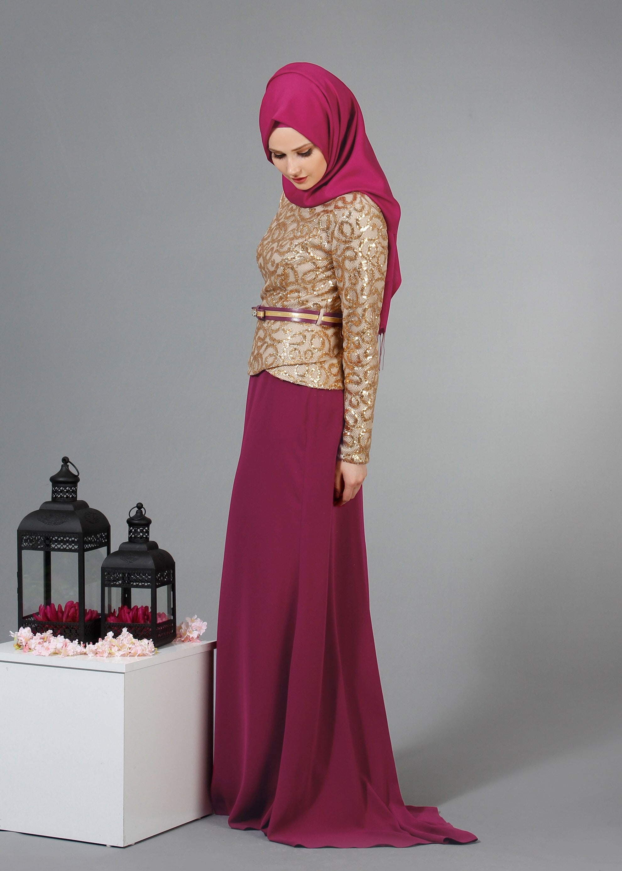 Tesettür giyim FUŞYA PUL PAYET İŞLEMELİ BİSİKLET YAKA ABİYE ELBİSE 5186