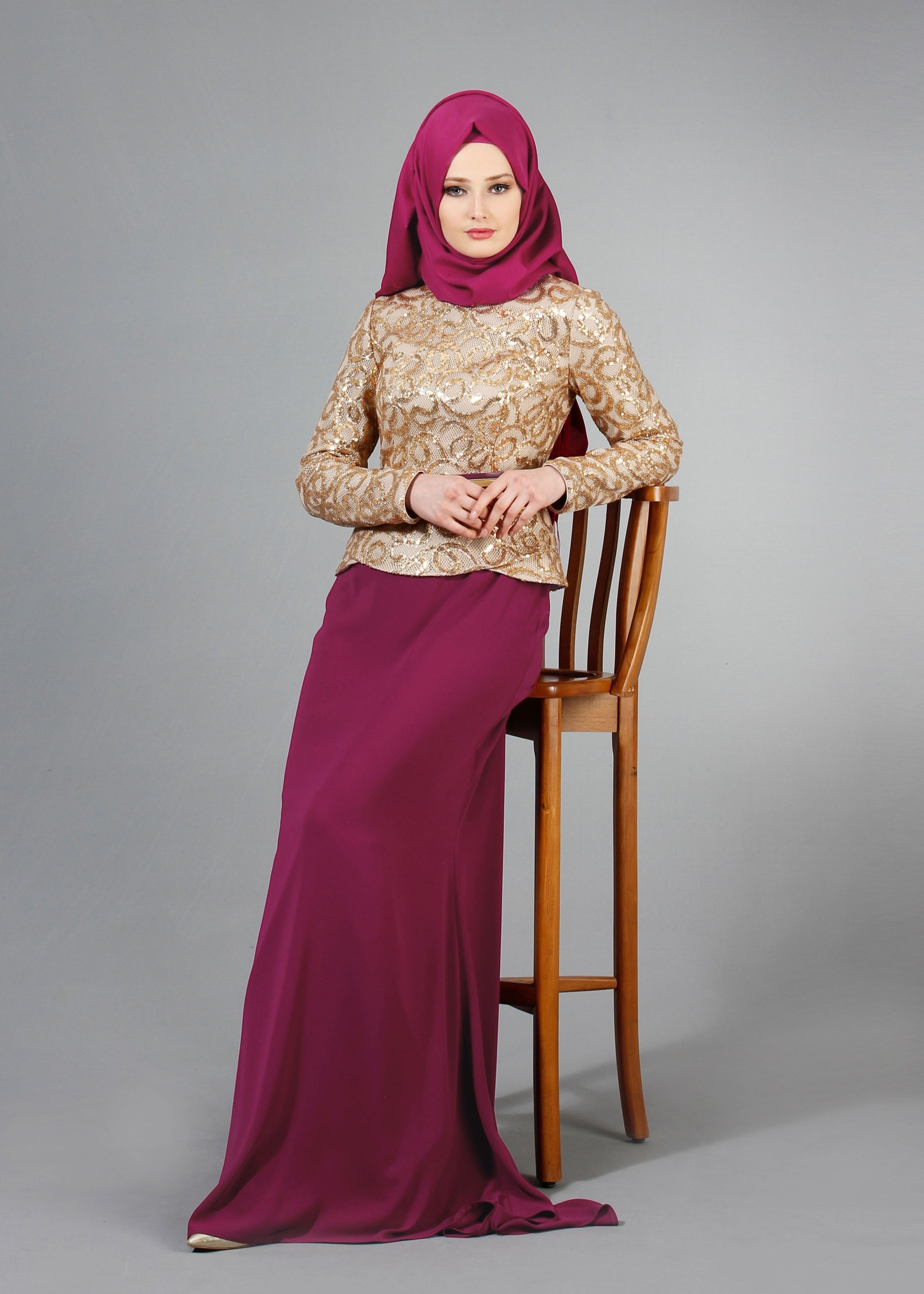 Tesettür giyim FUŞYA PUL PAYET İŞLEMELİ BİSİKLET YAKA ABİYE ELBİSE 5186