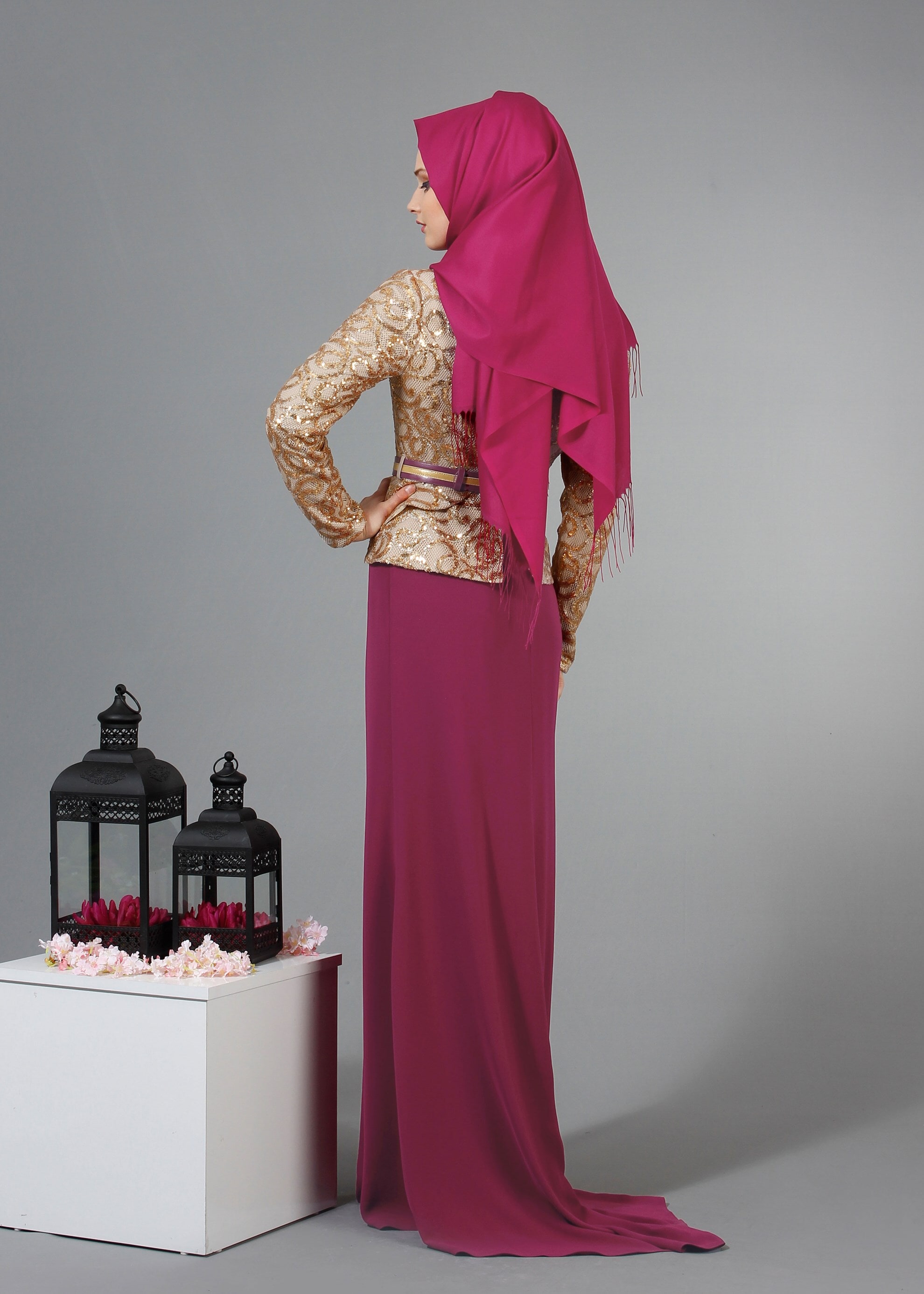 Tesettür giyim FUŞYA PUL PAYET İŞLEMELİ BİSİKLET YAKA ABİYE ELBİSE 5186