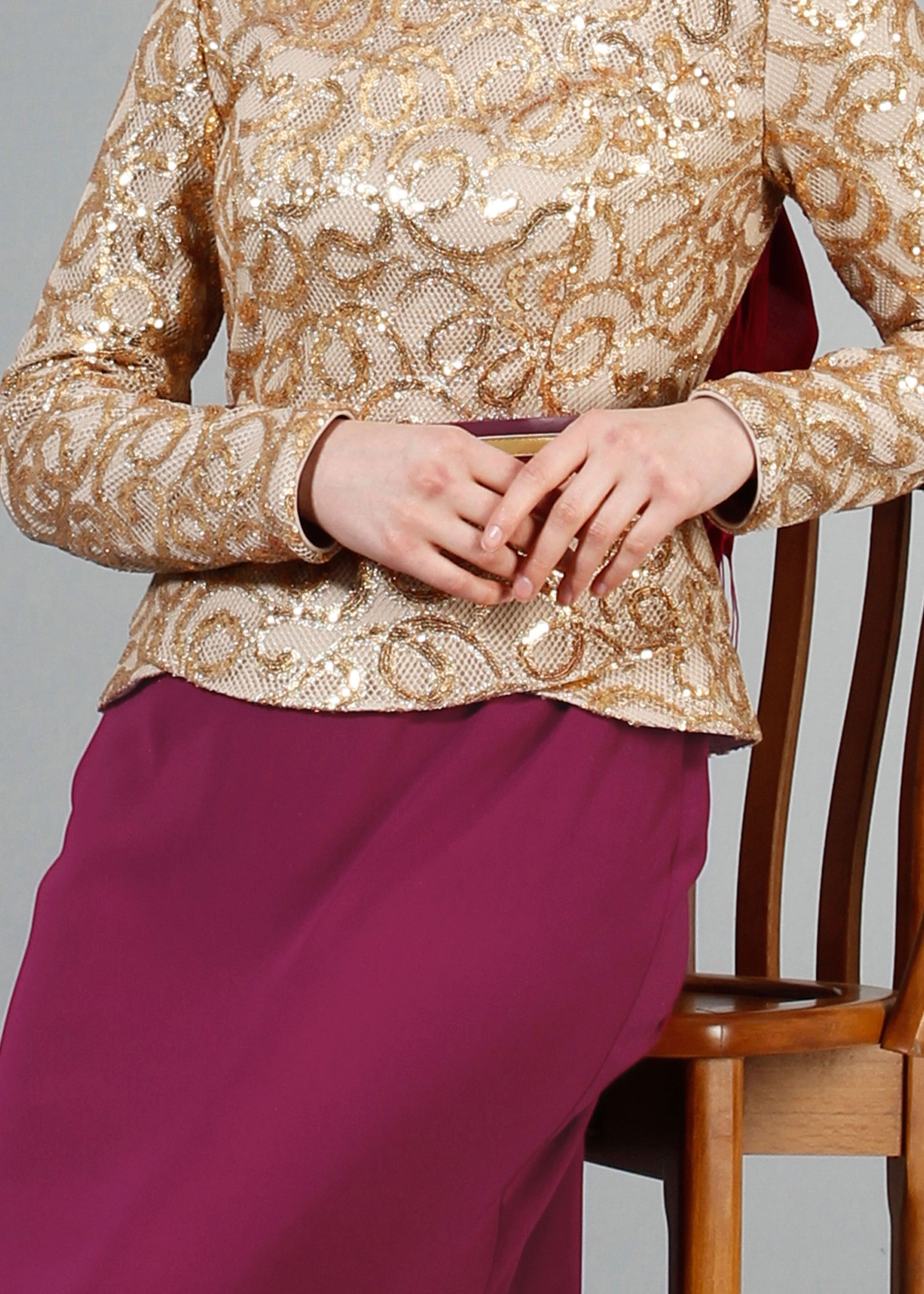 Tesettür giyim FUŞYA PUL PAYET İŞLEMELİ BİSİKLET YAKA ABİYE ELBİSE 5186