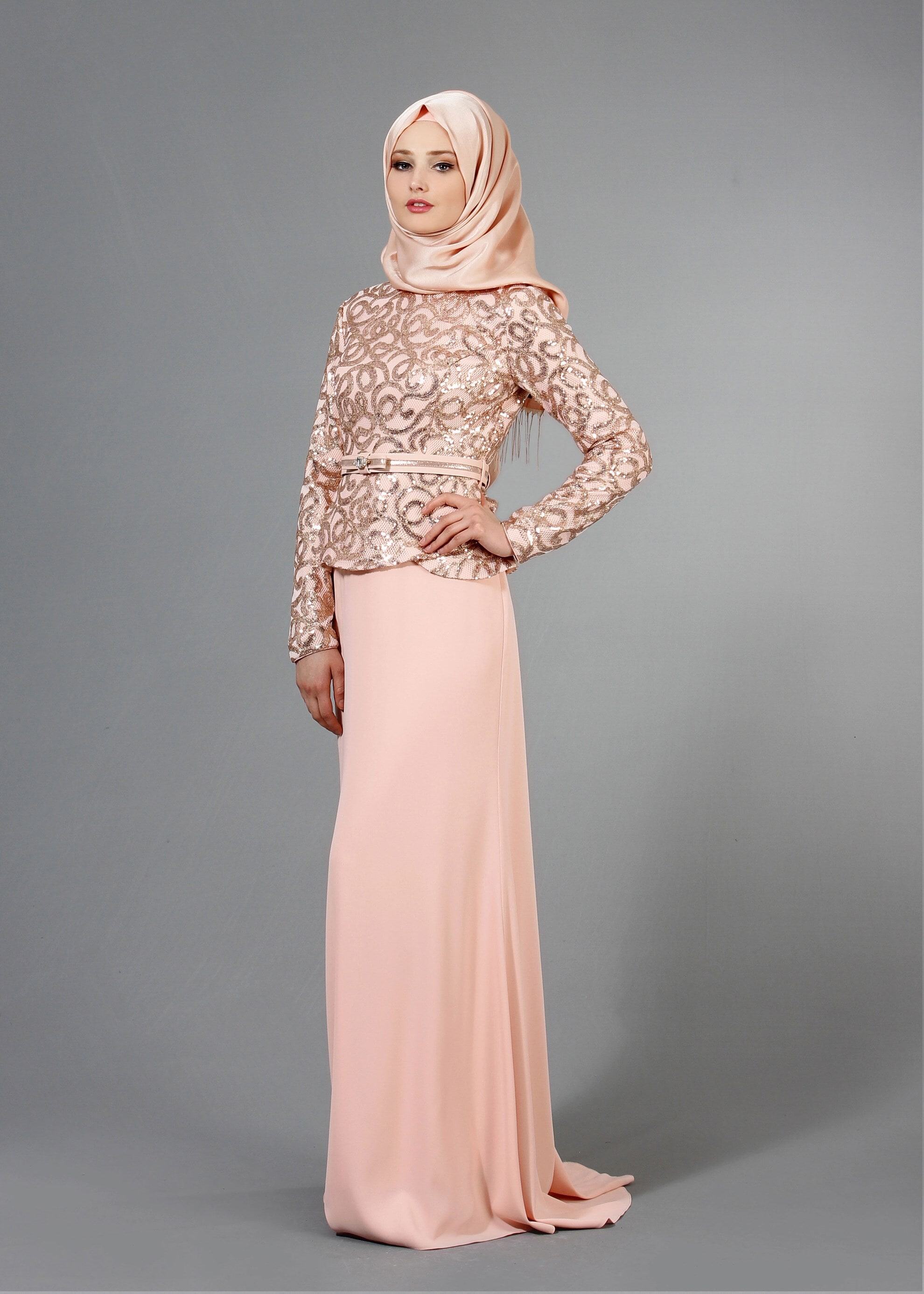 Tesettür giyim PUDRA PUL PAYET İŞLEMELİ BİSİKLET YAKA ABİYE ELBİSE 5186