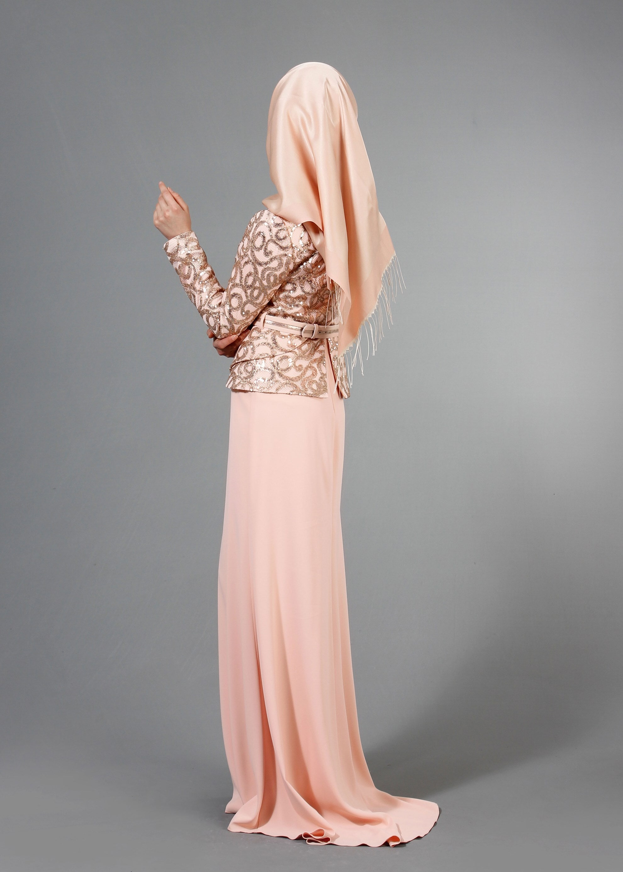 Tesettür giyim PUDRA PUL PAYET İŞLEMELİ BİSİKLET YAKA ABİYE ELBİSE 5186