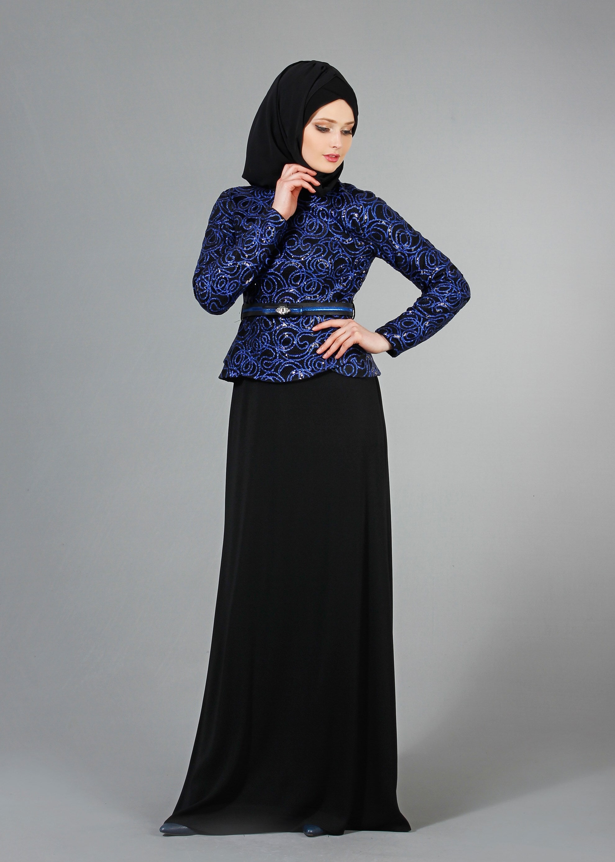 Tesettür giyim SİYAH PUL PAYET İŞLEMELİ BİSİKLET YAKA ABİYE ELBİSE 5186
