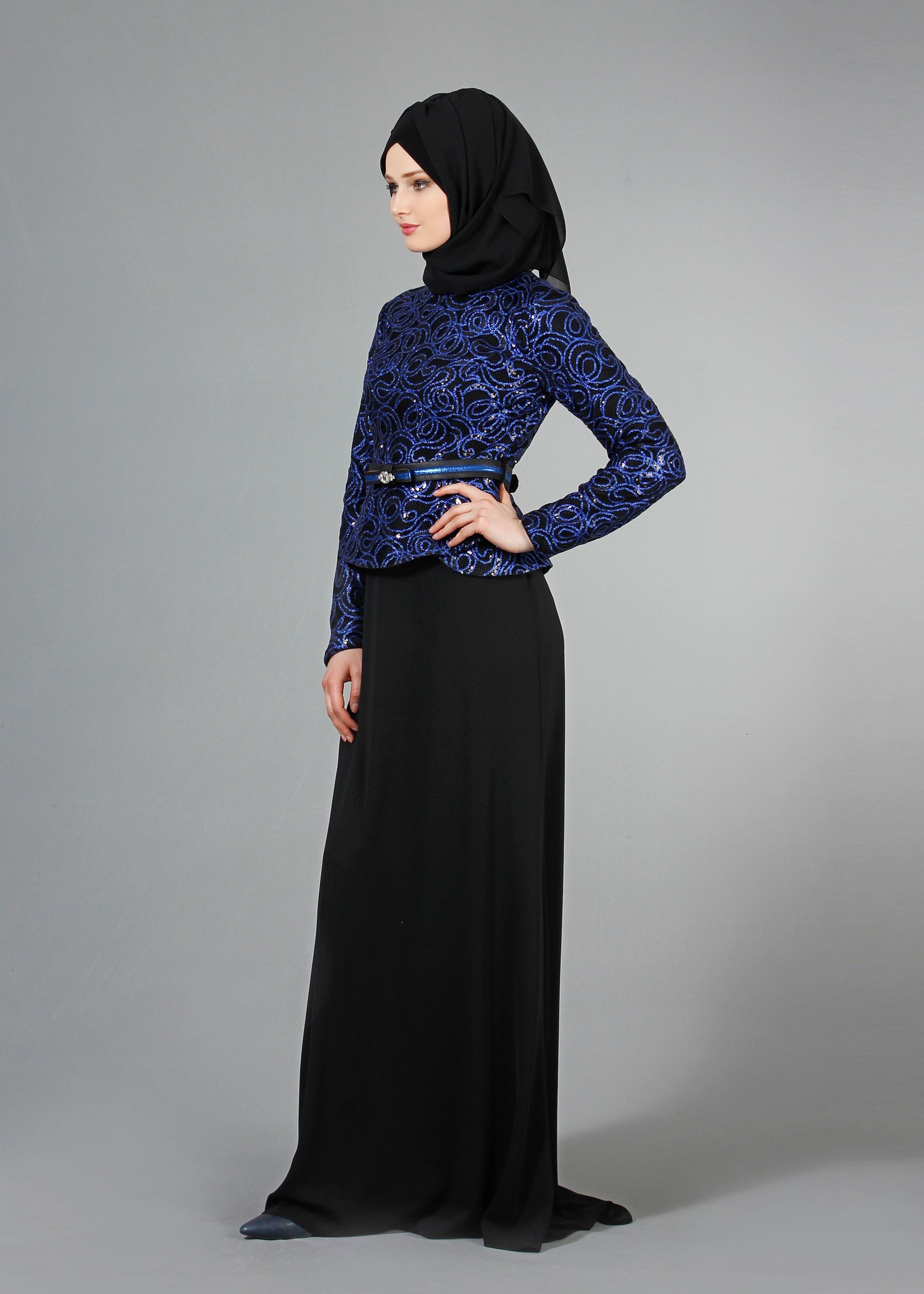 Tesettür giyim SİYAH PUL PAYET İŞLEMELİ BİSİKLET YAKA ABİYE ELBİSE 5186