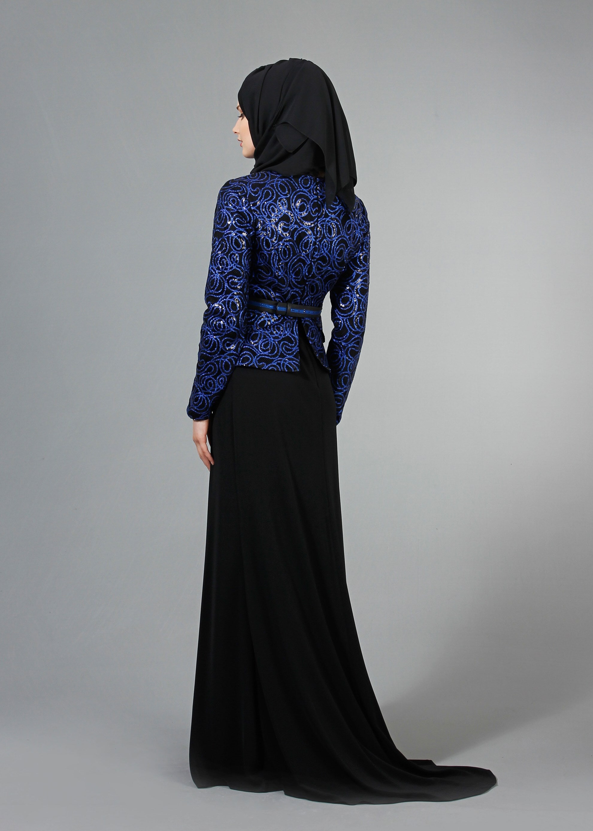 Tesettür giyim SİYAH PUL PAYET İŞLEMELİ BİSİKLET YAKA ABİYE ELBİSE 5186