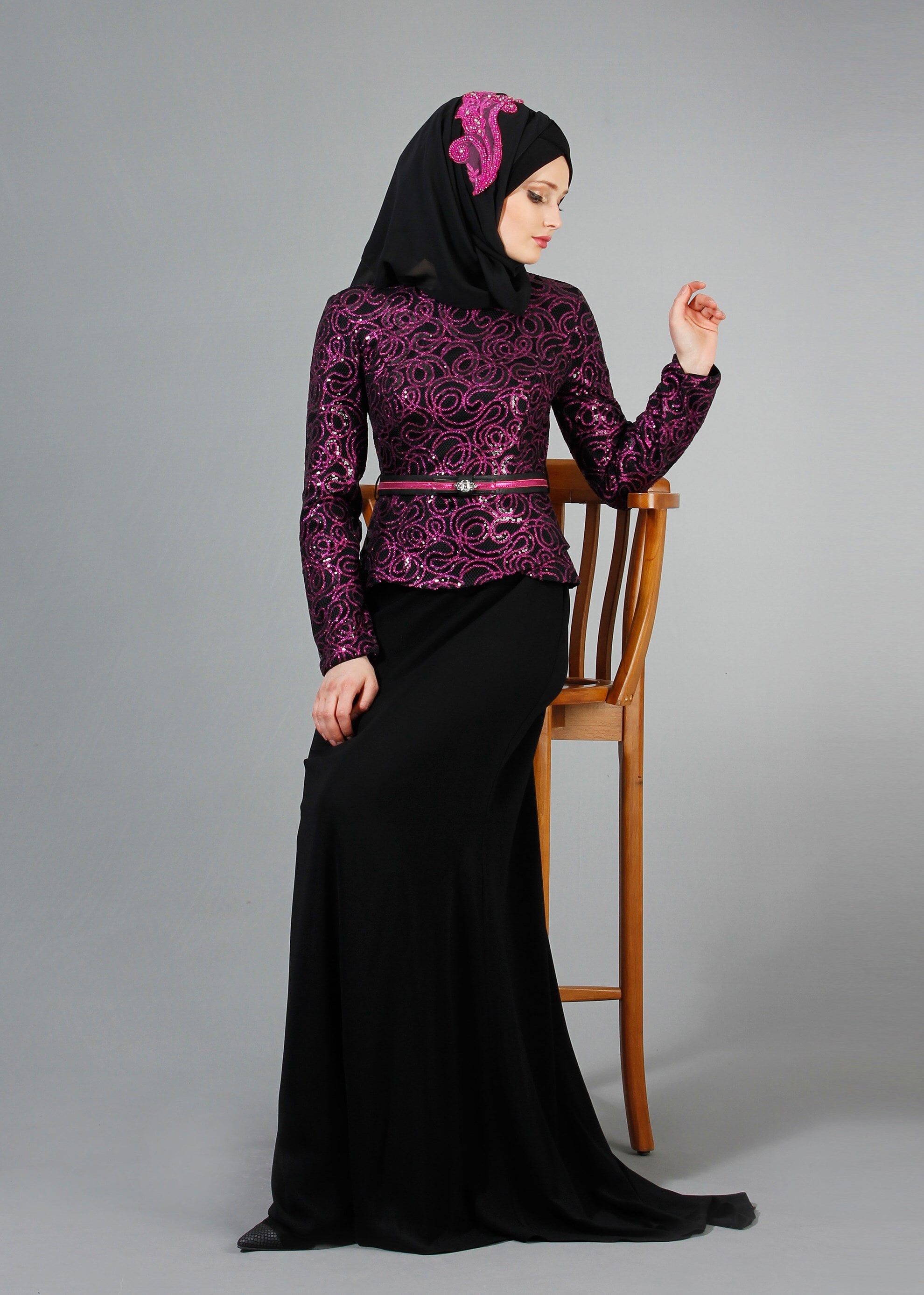 Tesettür giyim SİYAH PUL PAYET İŞLEMELİ BİSİKLET YAKA ABİYE ELBİSE 5186