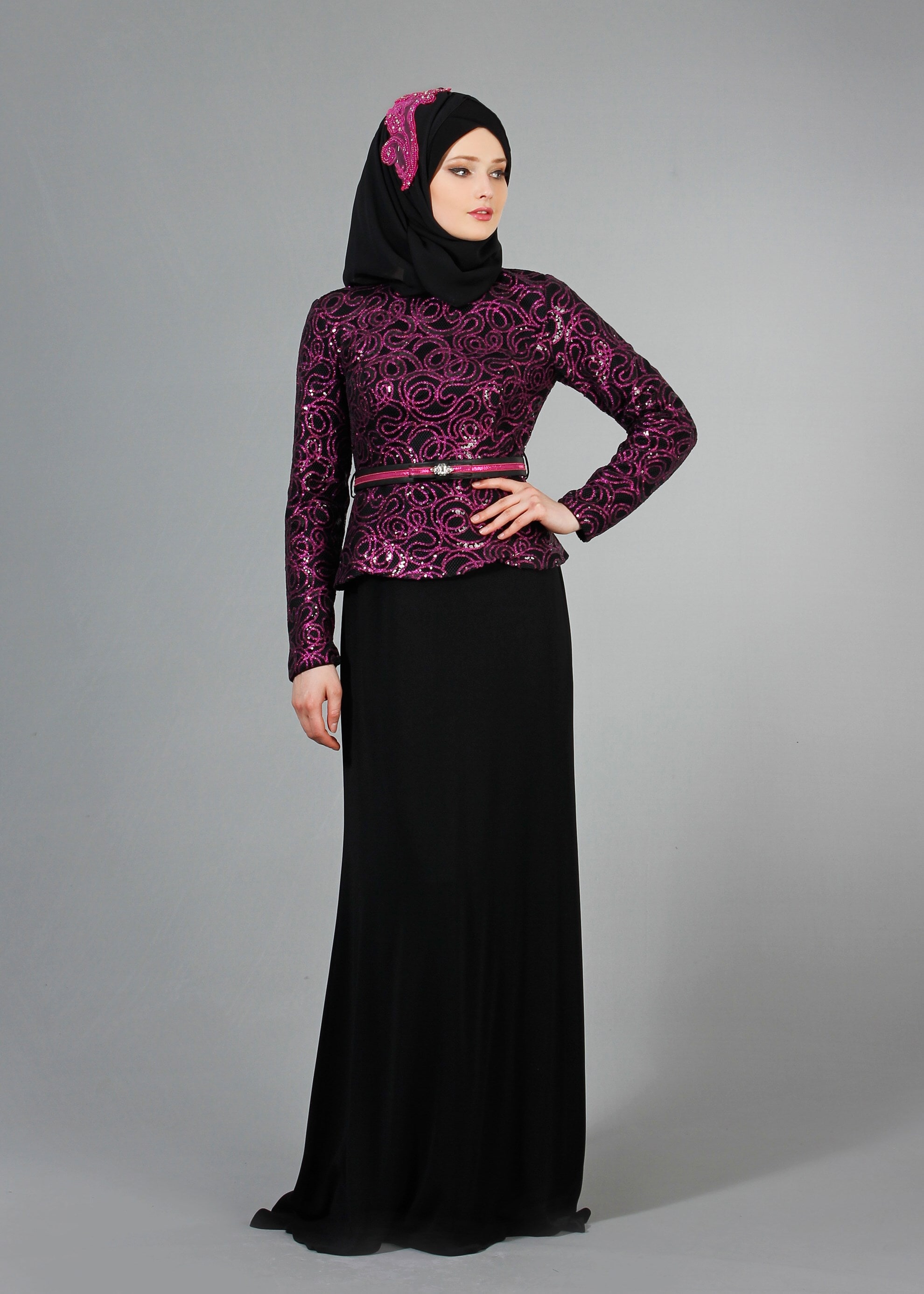 Tesettür giyim SİYAH PUL PAYET İŞLEMELİ BİSİKLET YAKA ABİYE ELBİSE 5186