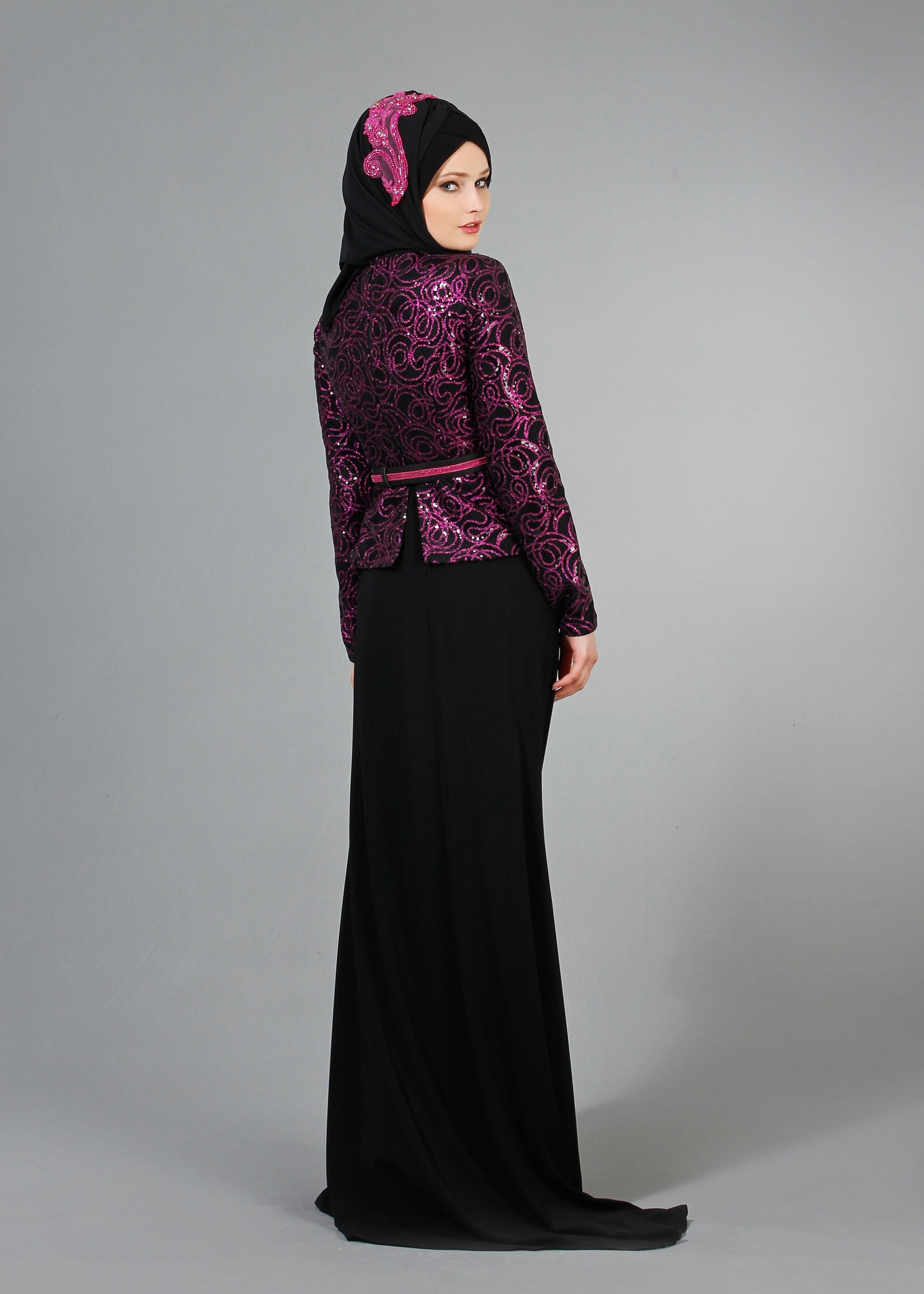 Tesettür giyim SİYAH PUL PAYET İŞLEMELİ BİSİKLET YAKA ABİYE ELBİSE 5186