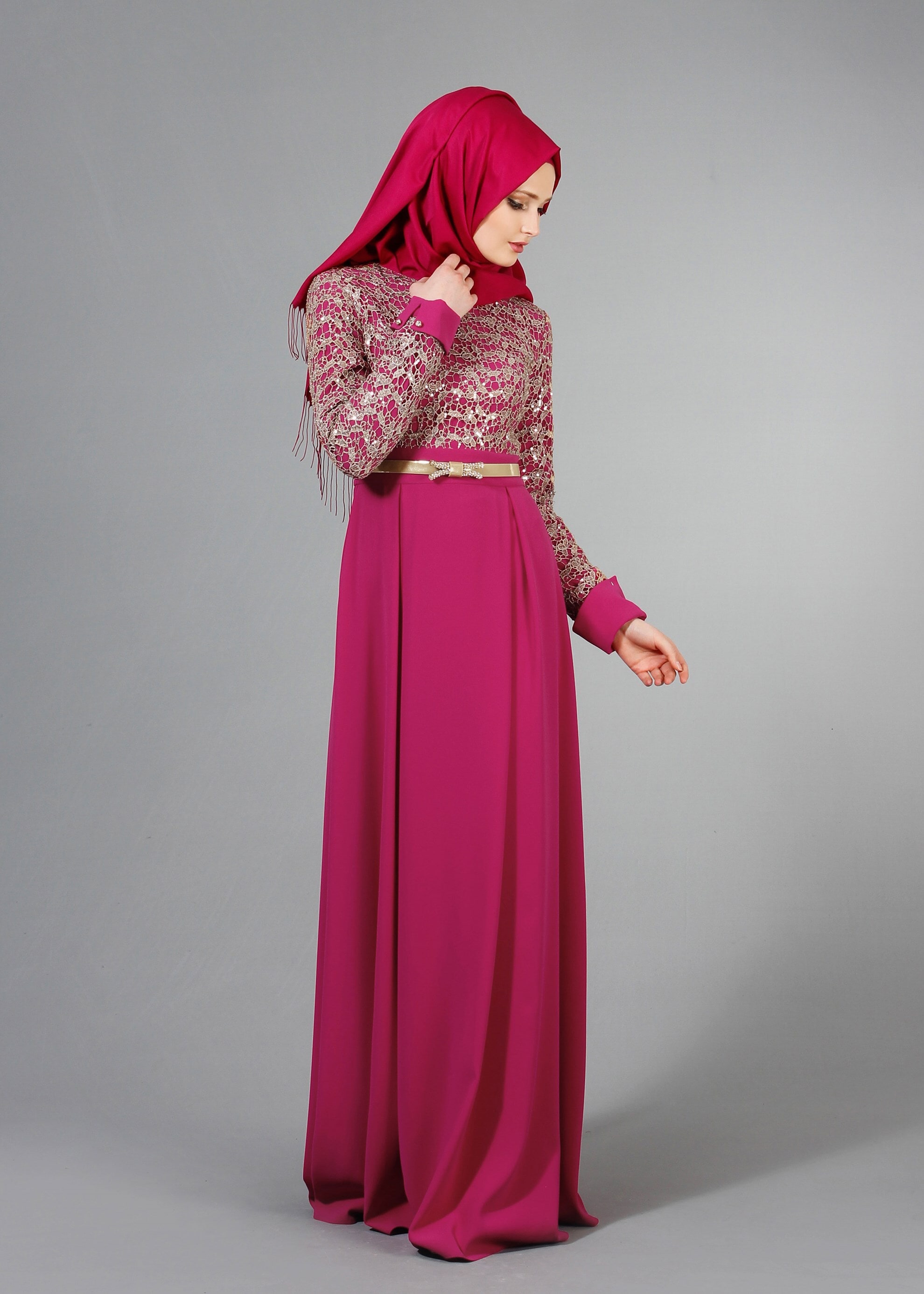 Tesettür giyim FUŞYA İŞLEMELİ BONCUK DETAYLI ABİYE ELBİSE 5188