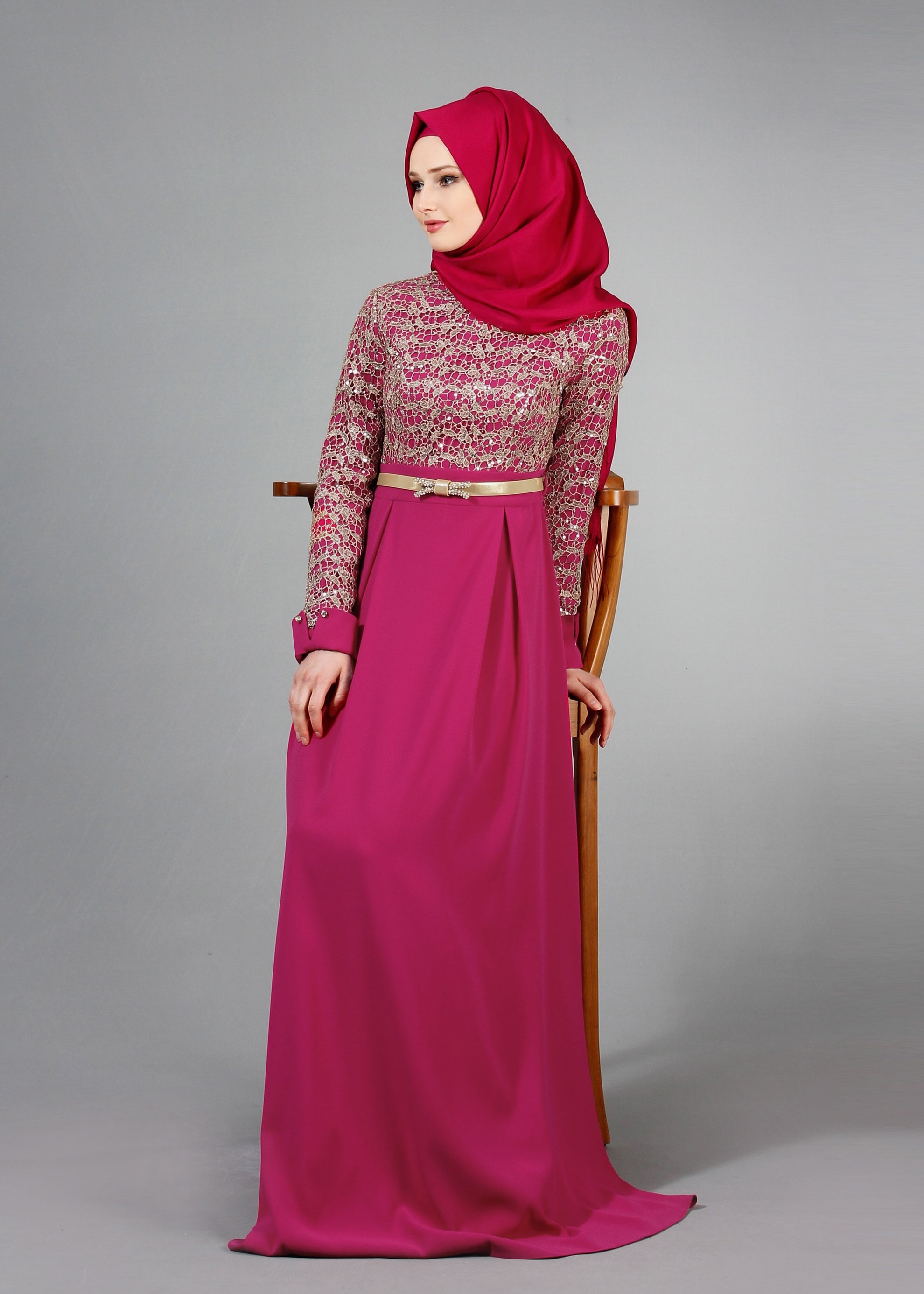 Tesettür giyim FUŞYA İŞLEMELİ BONCUK DETAYLI ABİYE ELBİSE 5188