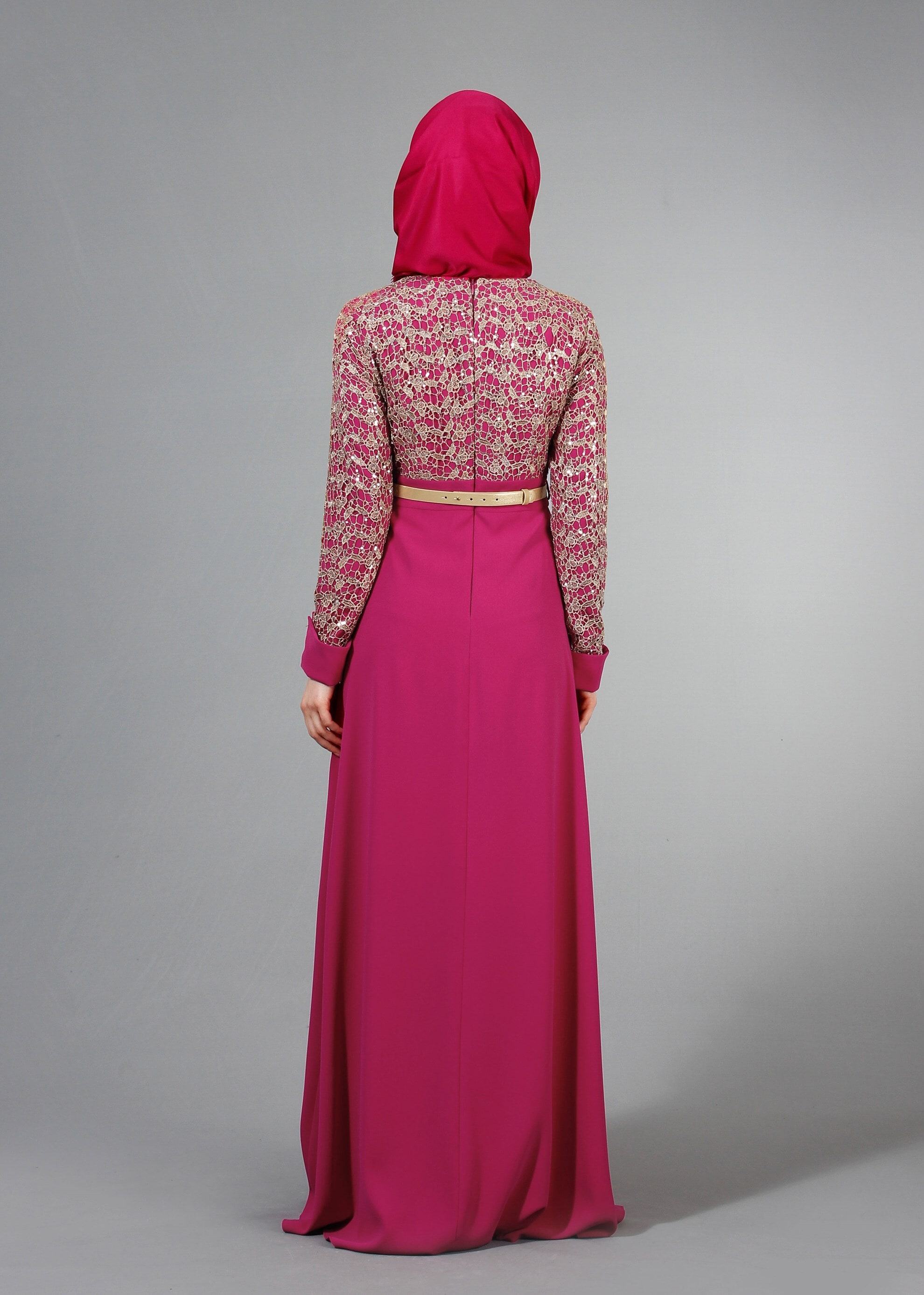 Tesettür giyim FUŞYA İŞLEMELİ BONCUK DETAYLI ABİYE ELBİSE 5188