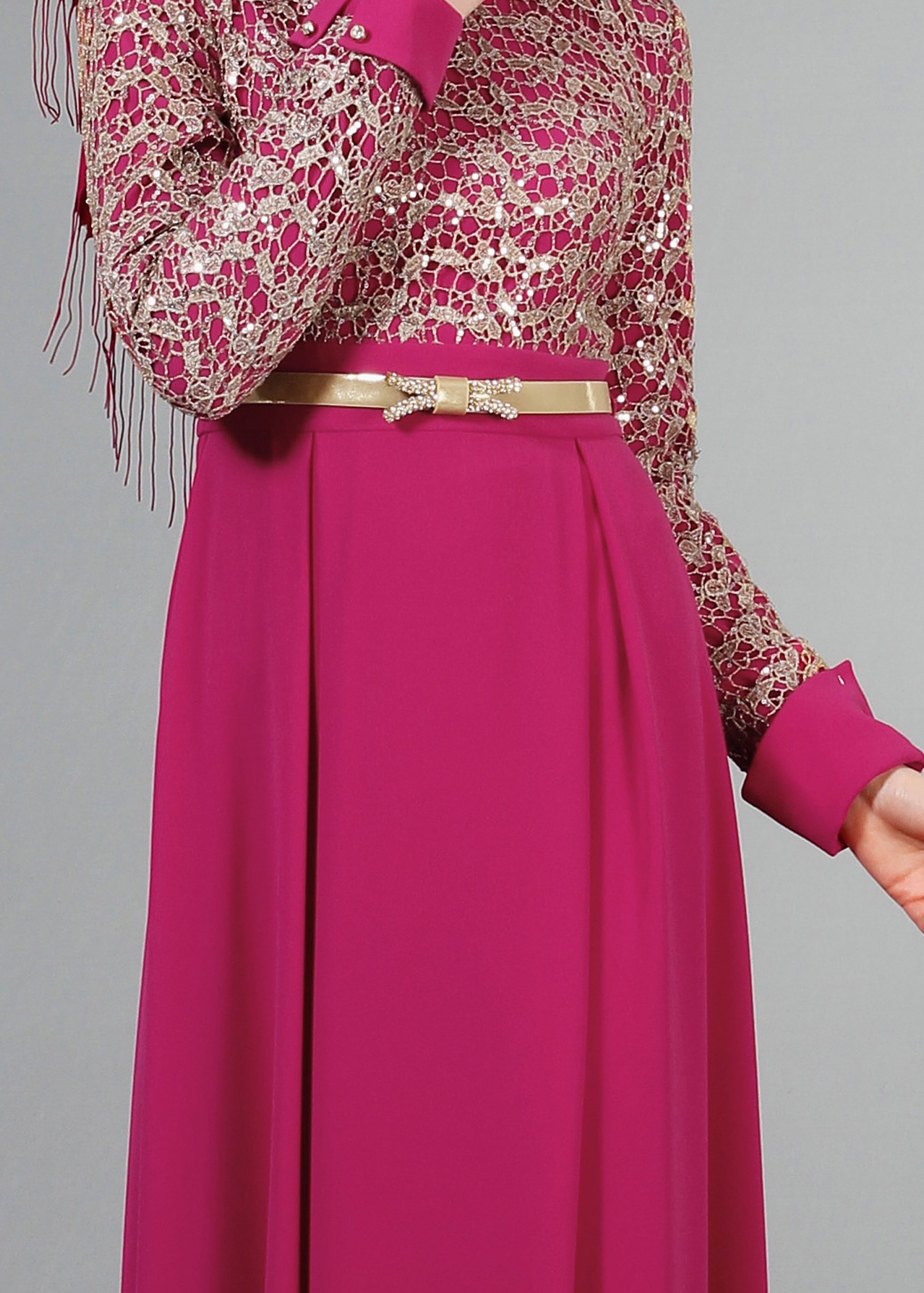 Tesettür giyim FUŞYA İŞLEMELİ BONCUK DETAYLI ABİYE ELBİSE 5188