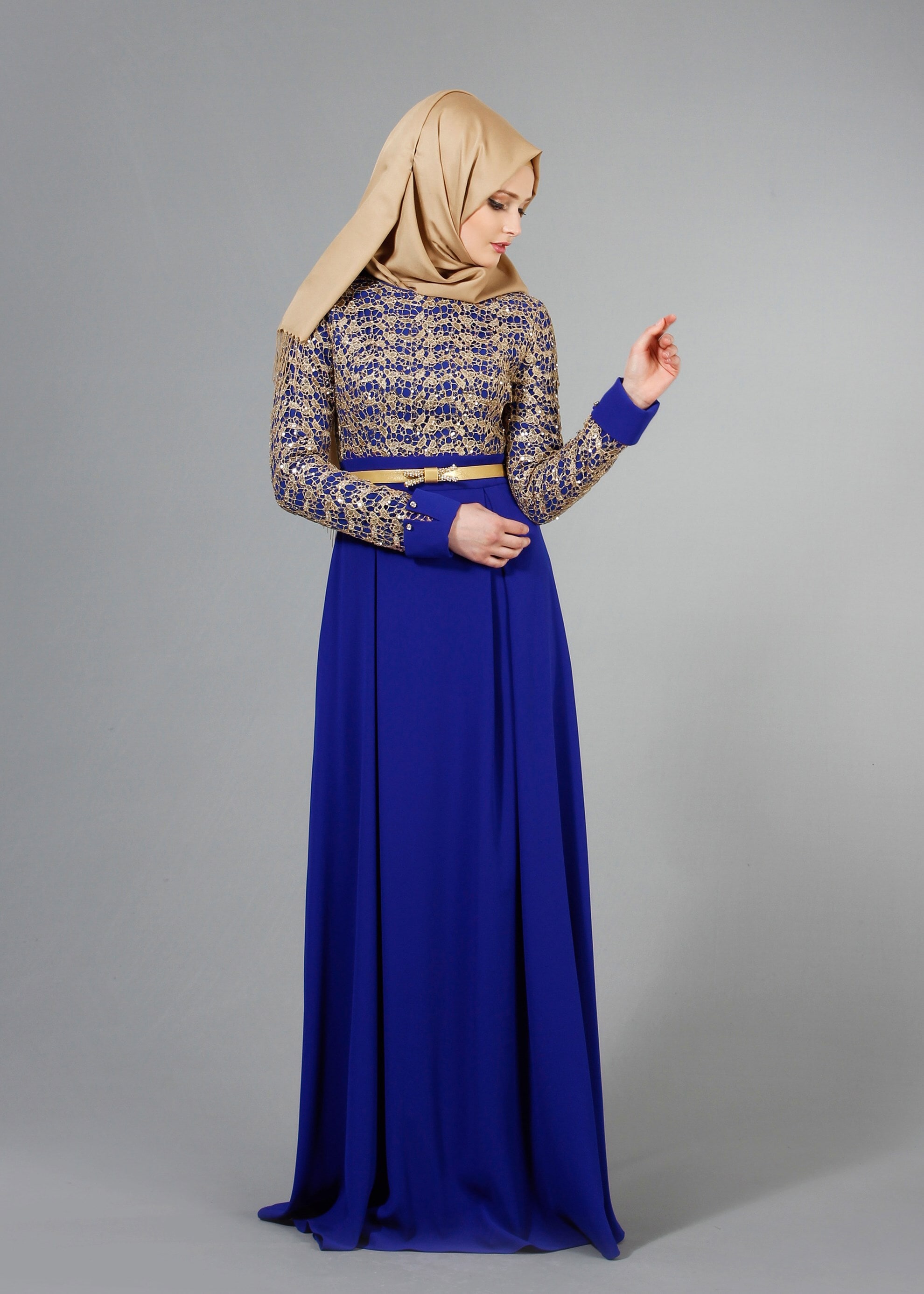 Tesettür giyim LACİVERT İŞLEMELİ BONCUK DETAYLI ABİYE ELBİSE 5188