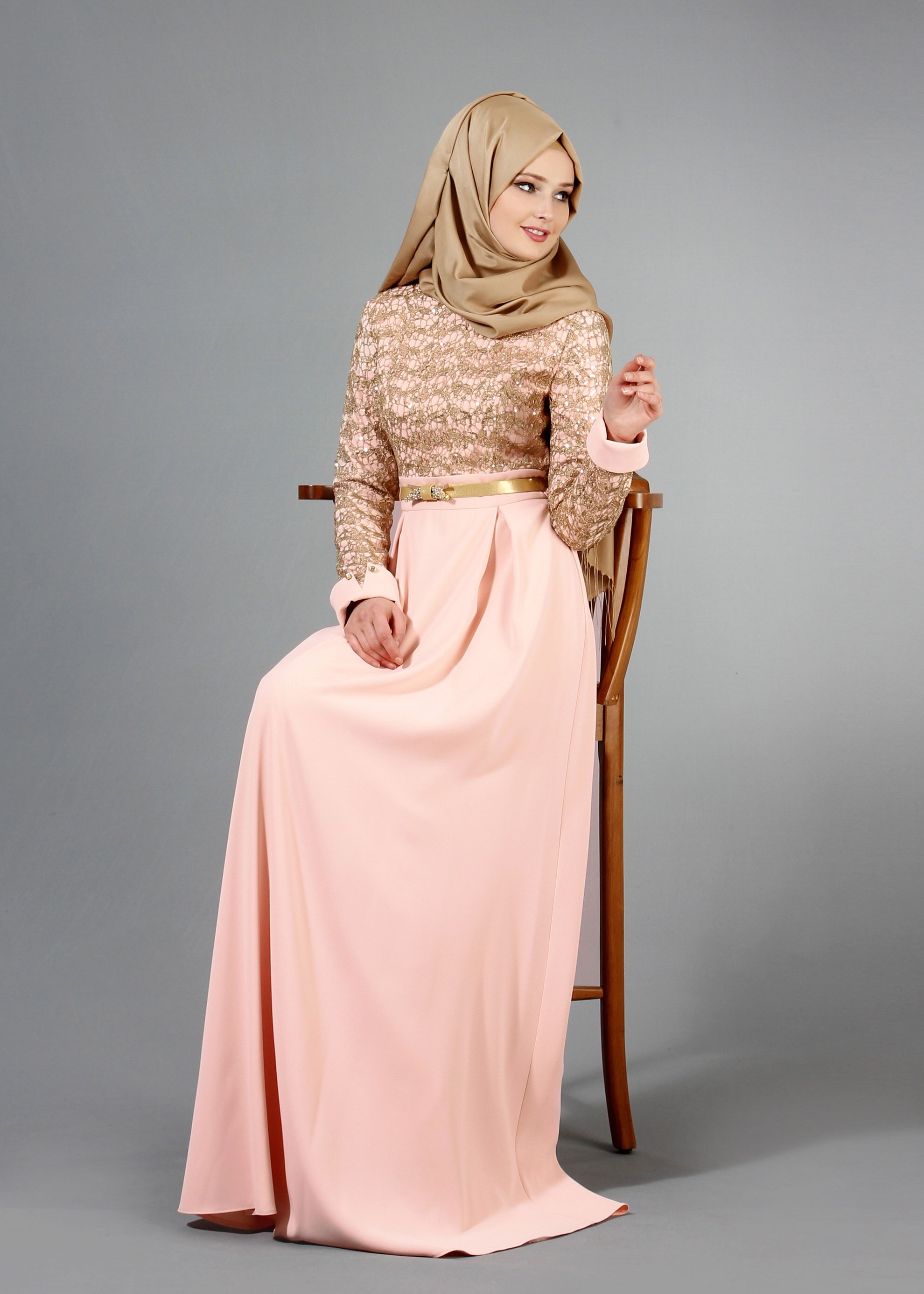 Tesettür giyim PUDRA İŞLEMELİ BONCUK DETAYLI ABİYE ELBİSE 5188