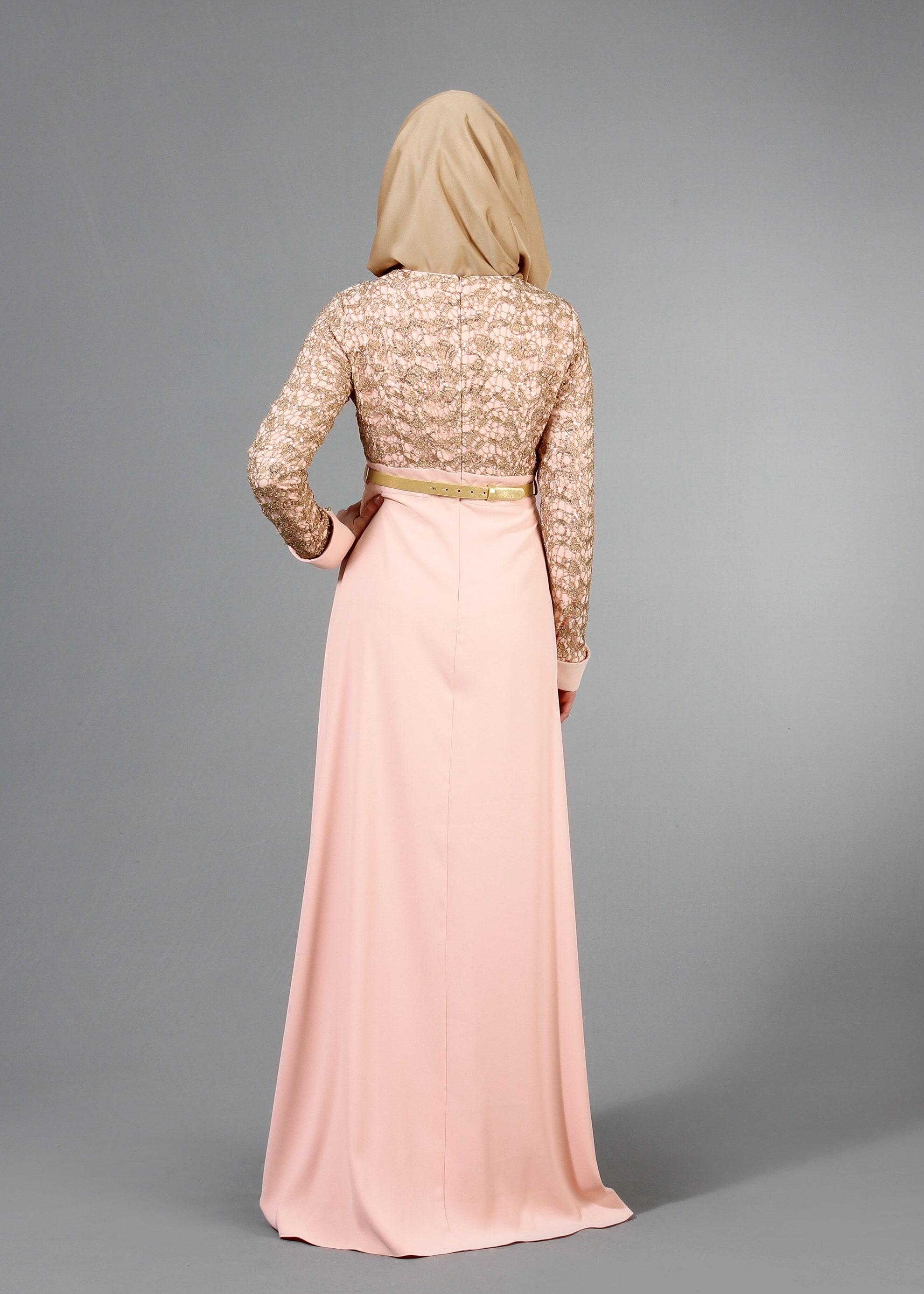 Tesettür giyim PUDRA İŞLEMELİ BONCUK DETAYLI ABİYE ELBİSE 5188