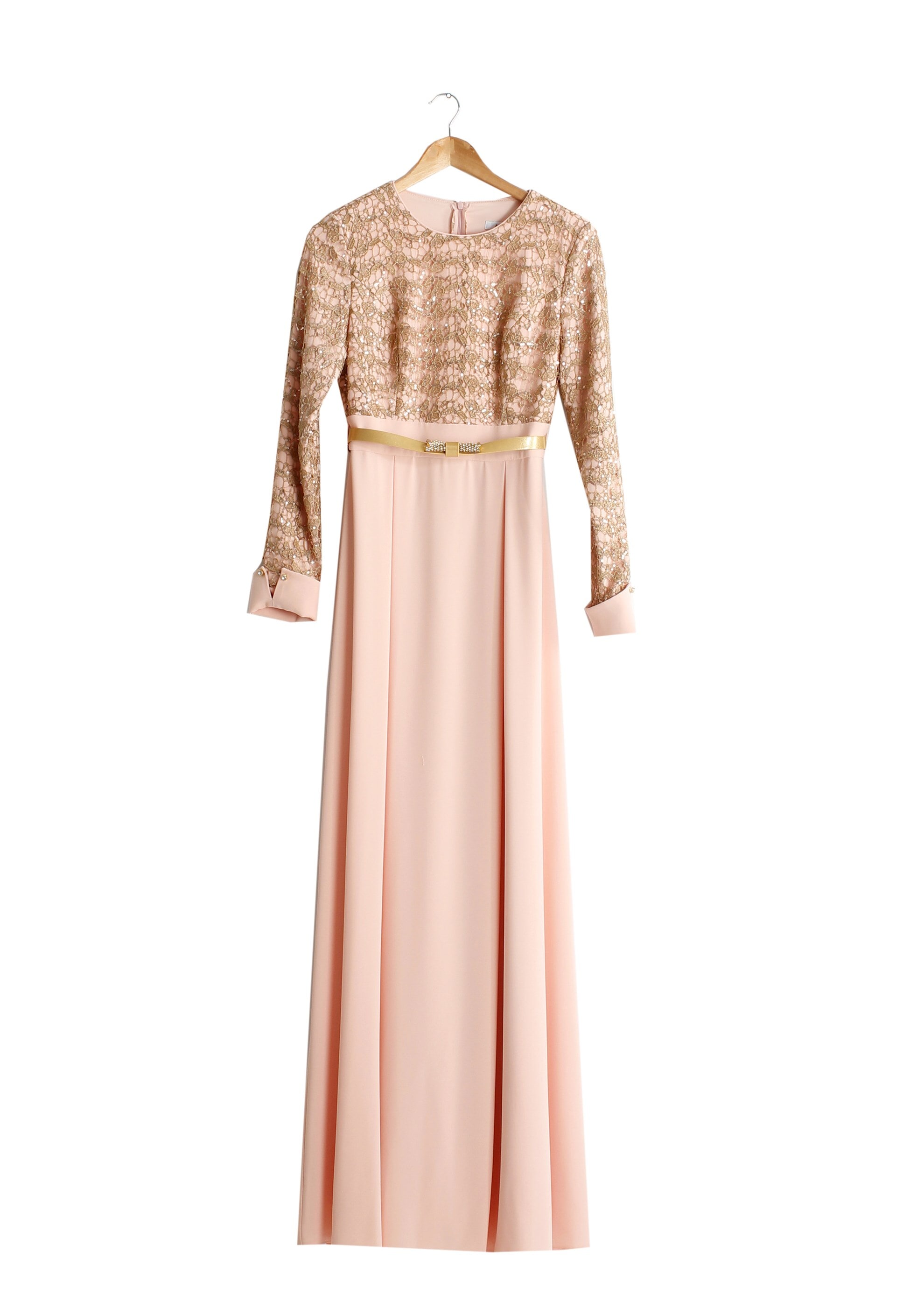 Tesettür giyim PUDRA İŞLEMELİ BONCUK DETAYLI ABİYE ELBİSE 5188