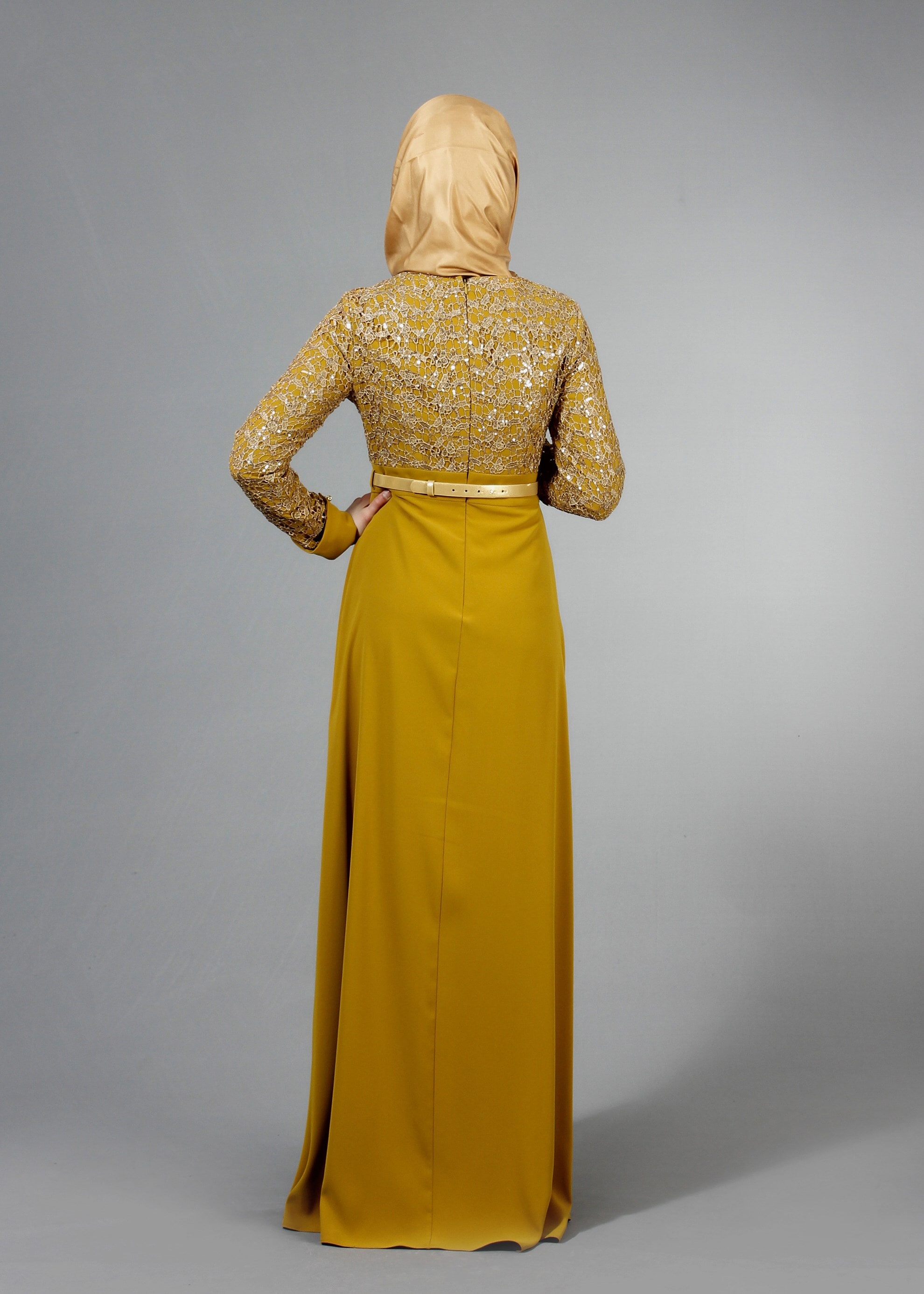 Tesettür giyim YEŞİL İŞLEMELİ BONCUK DETAYLI ABİYE ELBİSE 5188