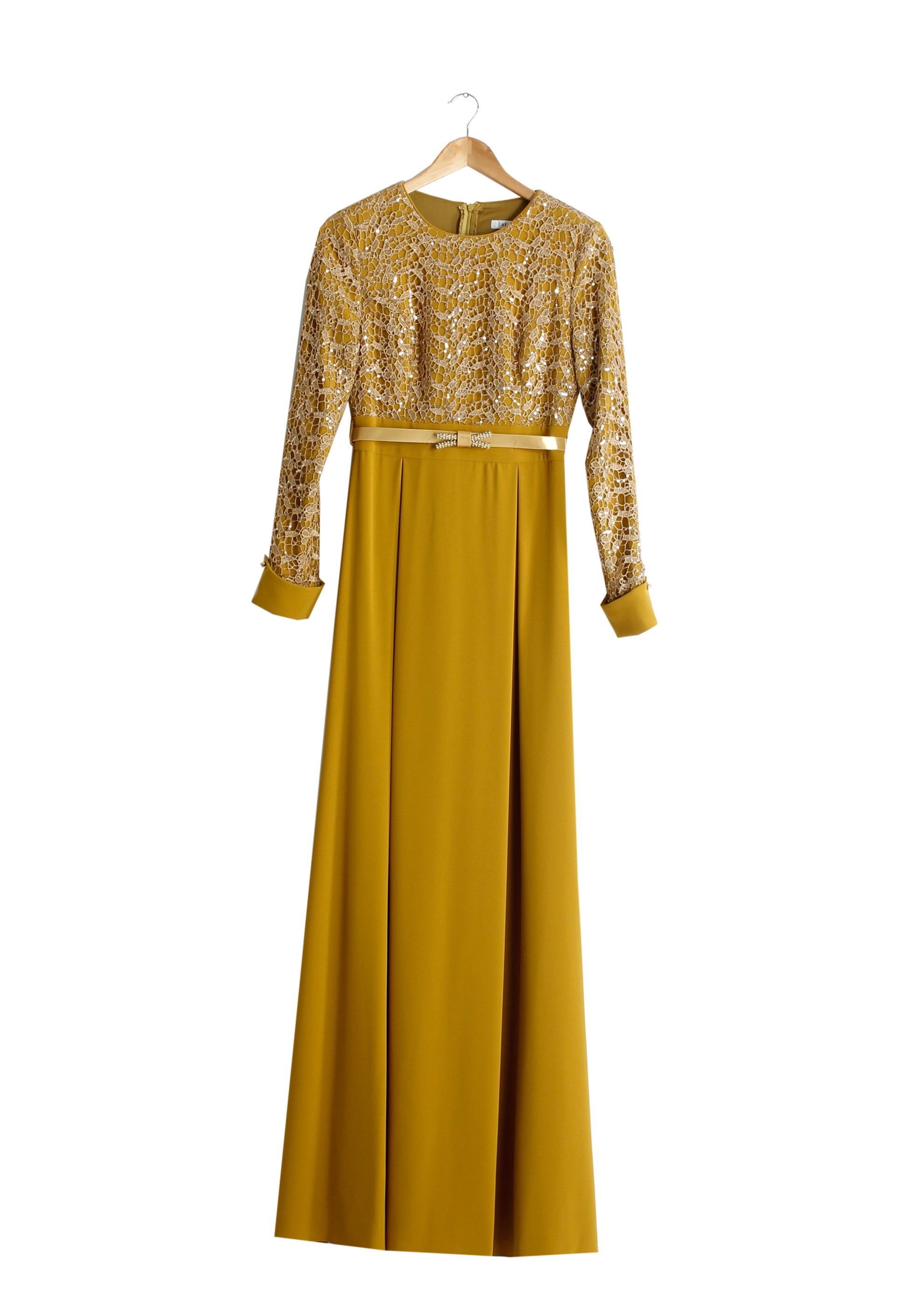 Tesettür giyim YEŞİL İŞLEMELİ BONCUK DETAYLI ABİYE ELBİSE 5188