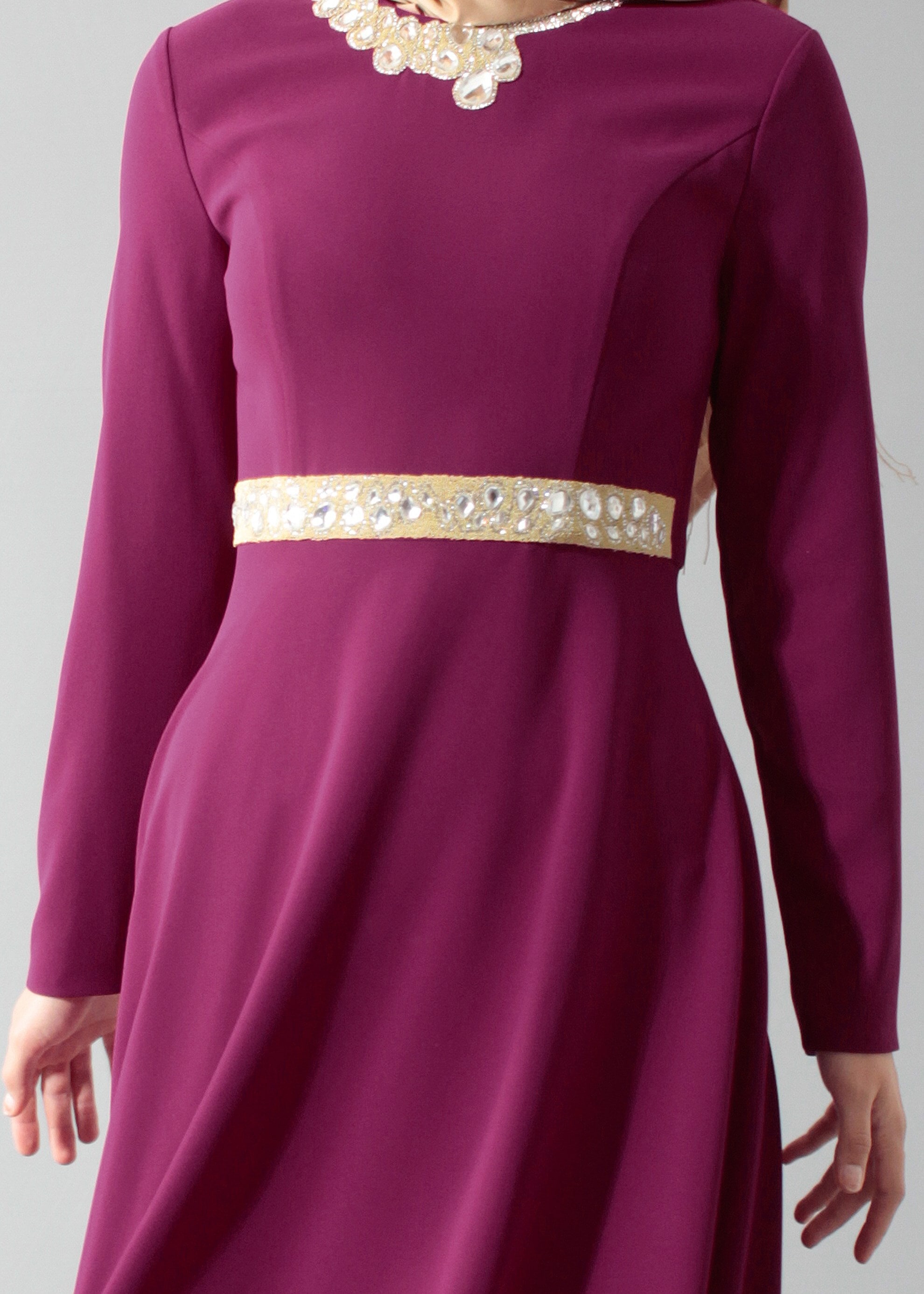 Tesettür giyim MOR TAŞ DETAYLI ABİYE ELBİSE 5191