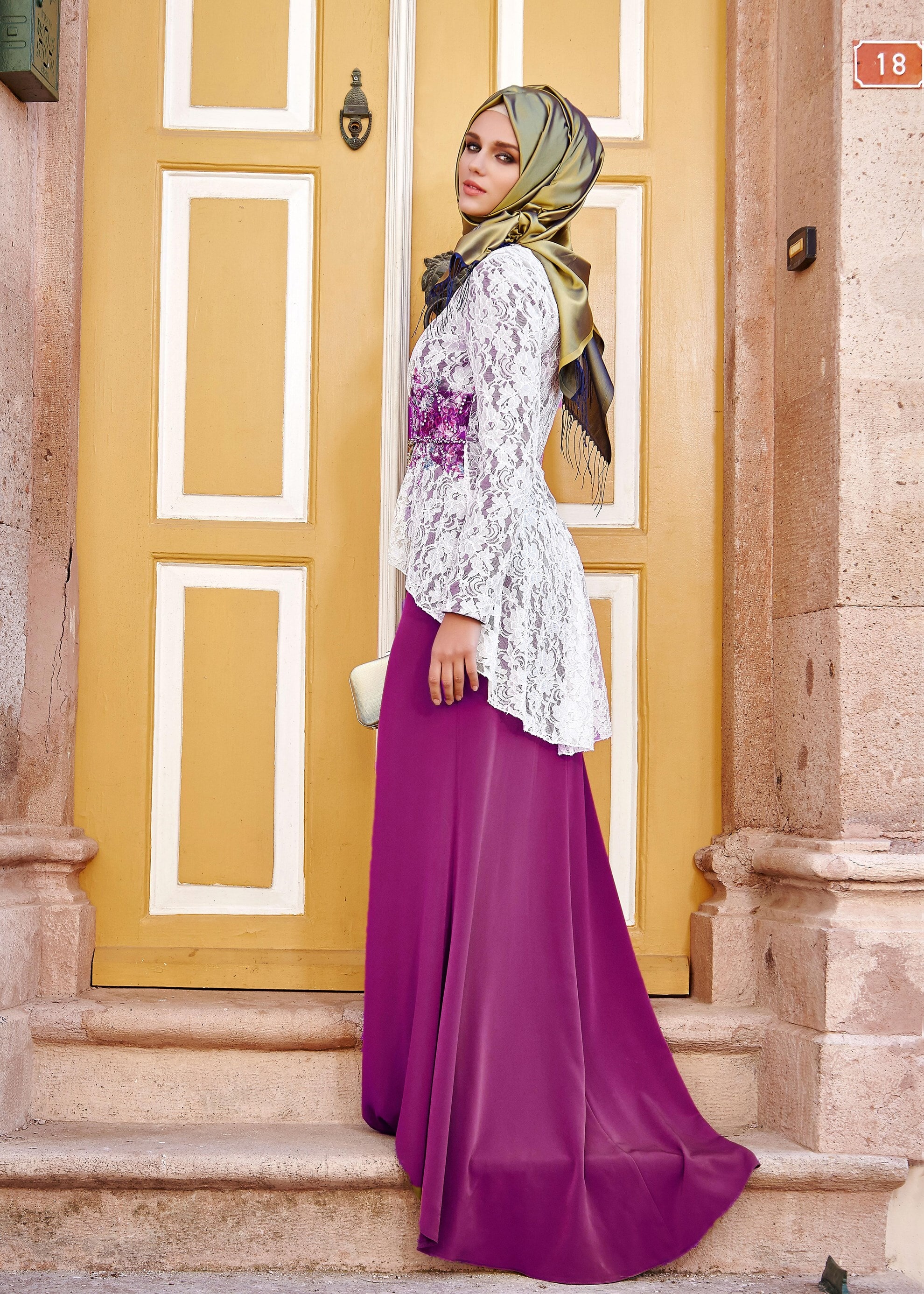 Tesettür giyim MOR İŞLEMELİ TAŞ DETAYLI KREP ABİYE ELBİSE 5198