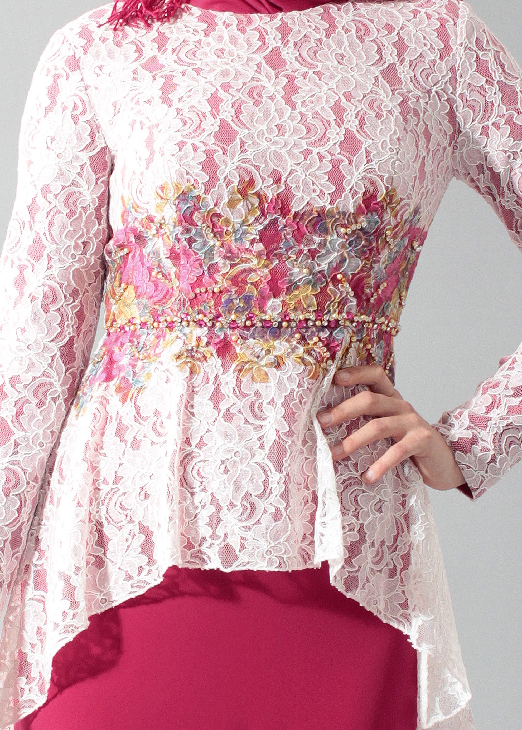 Tesettür giyim FUŞYA İŞLEMELİ TAŞ DETAYLI KREP ABİYE ELBİSE 5198