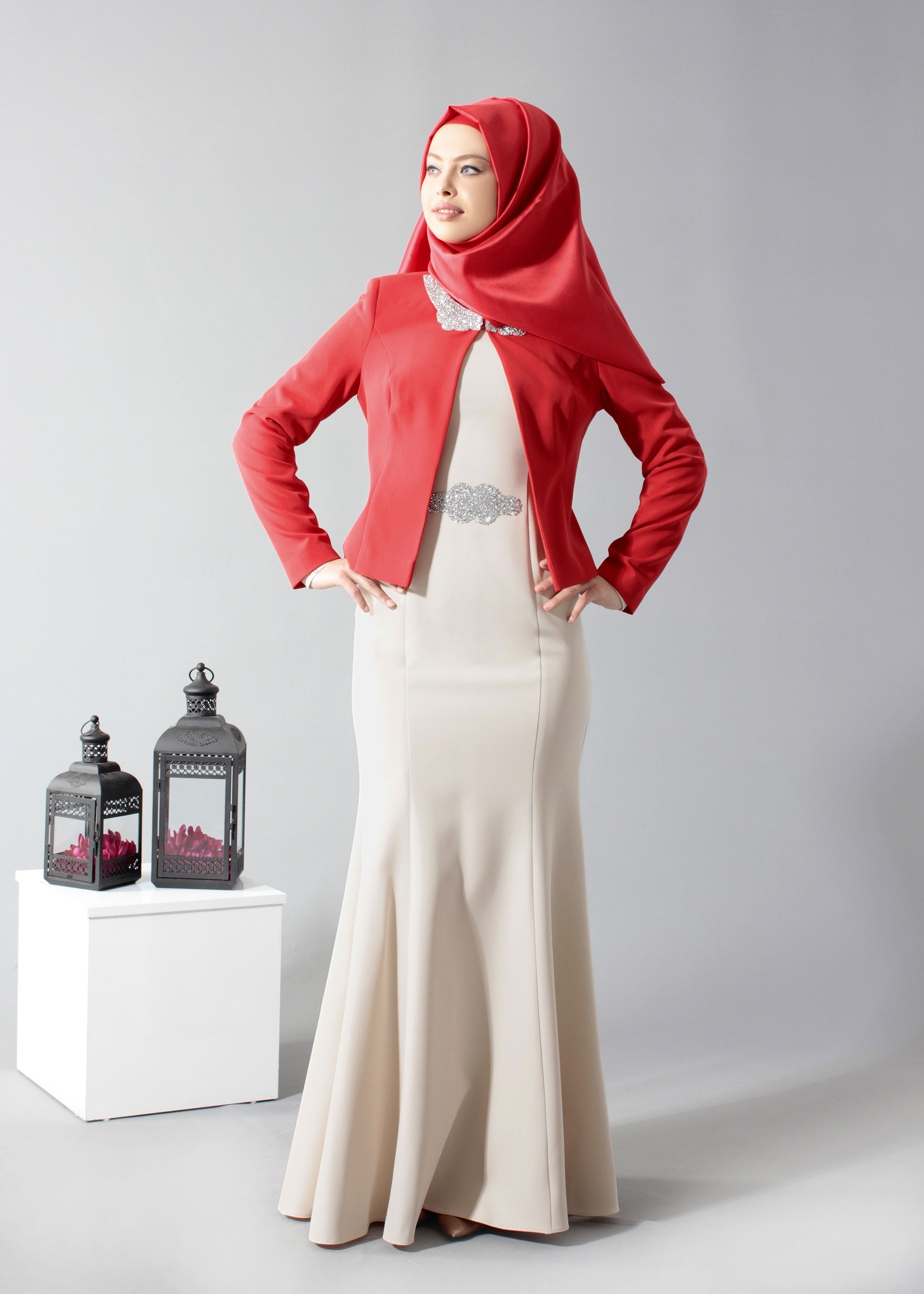 Tesettür giyim KIRMIZI Boncuk İşlemeli 2&prime;li Abiye Elbise 5199 