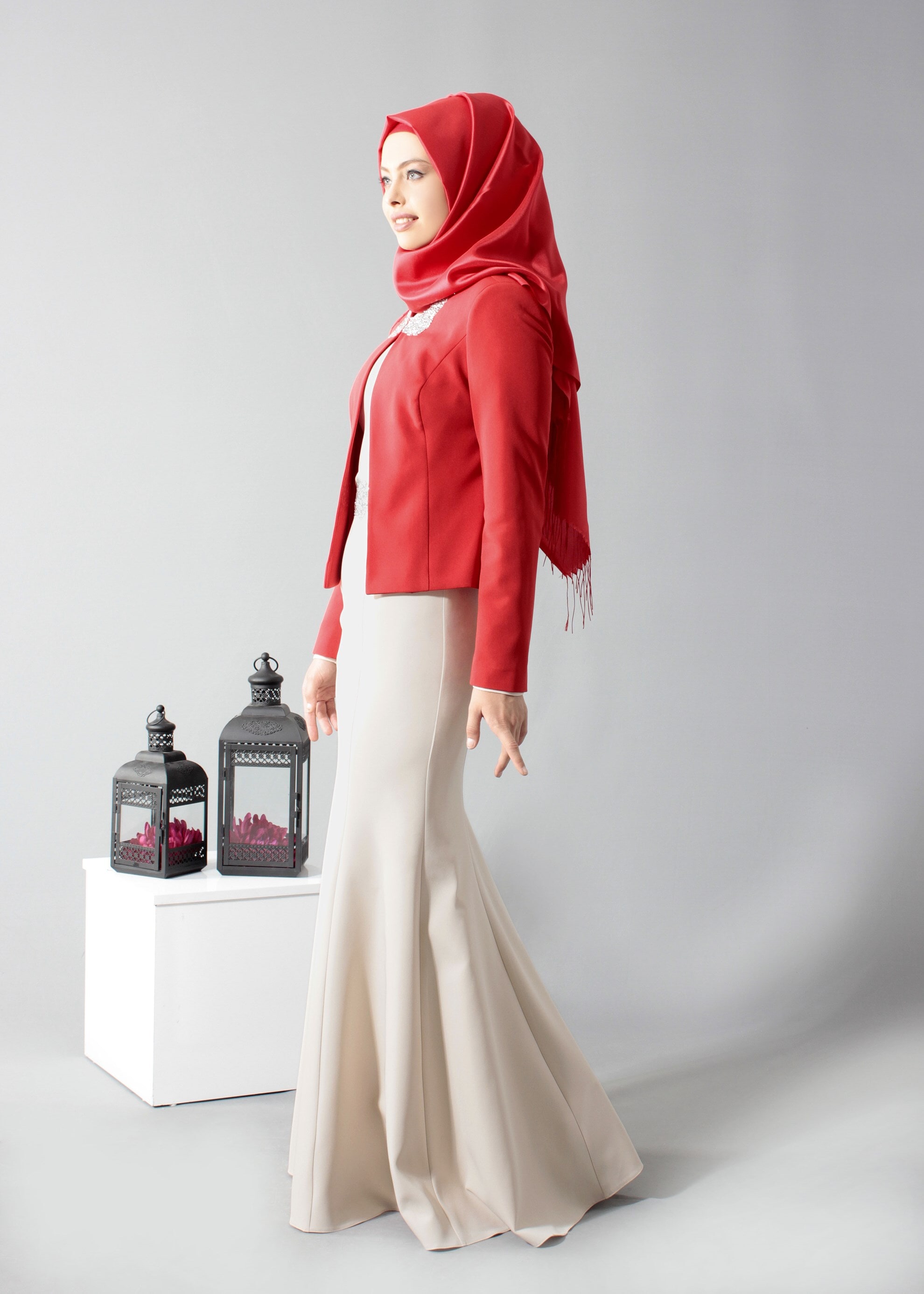 Tesettür giyim KIRMIZI Boncuk İşlemeli 2&prime;li Abiye Elbise 5199 