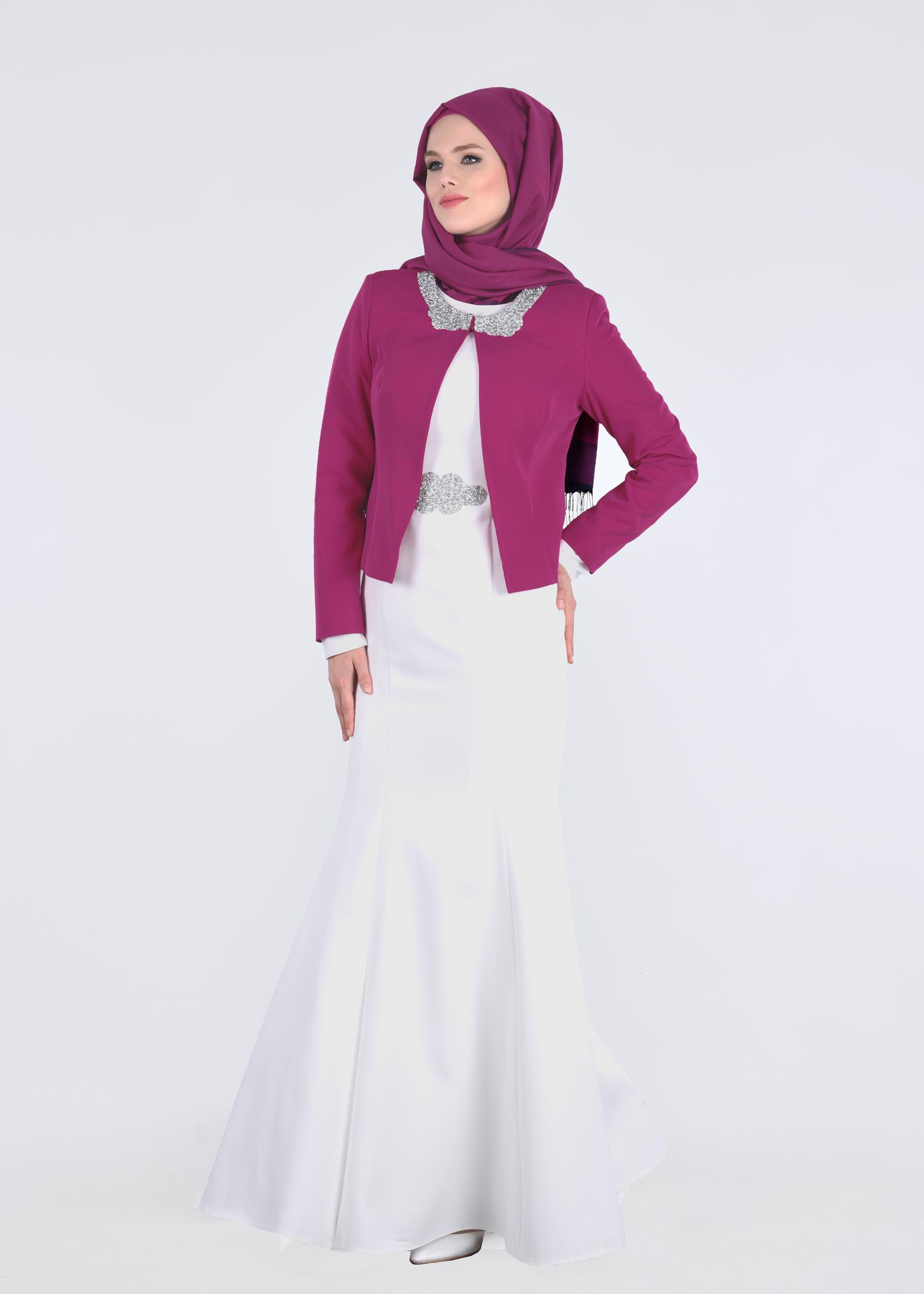 Tesettür giyim FUŞYA Boncuk İşlemeli 2&prime;li Abiye Elbise 5199 