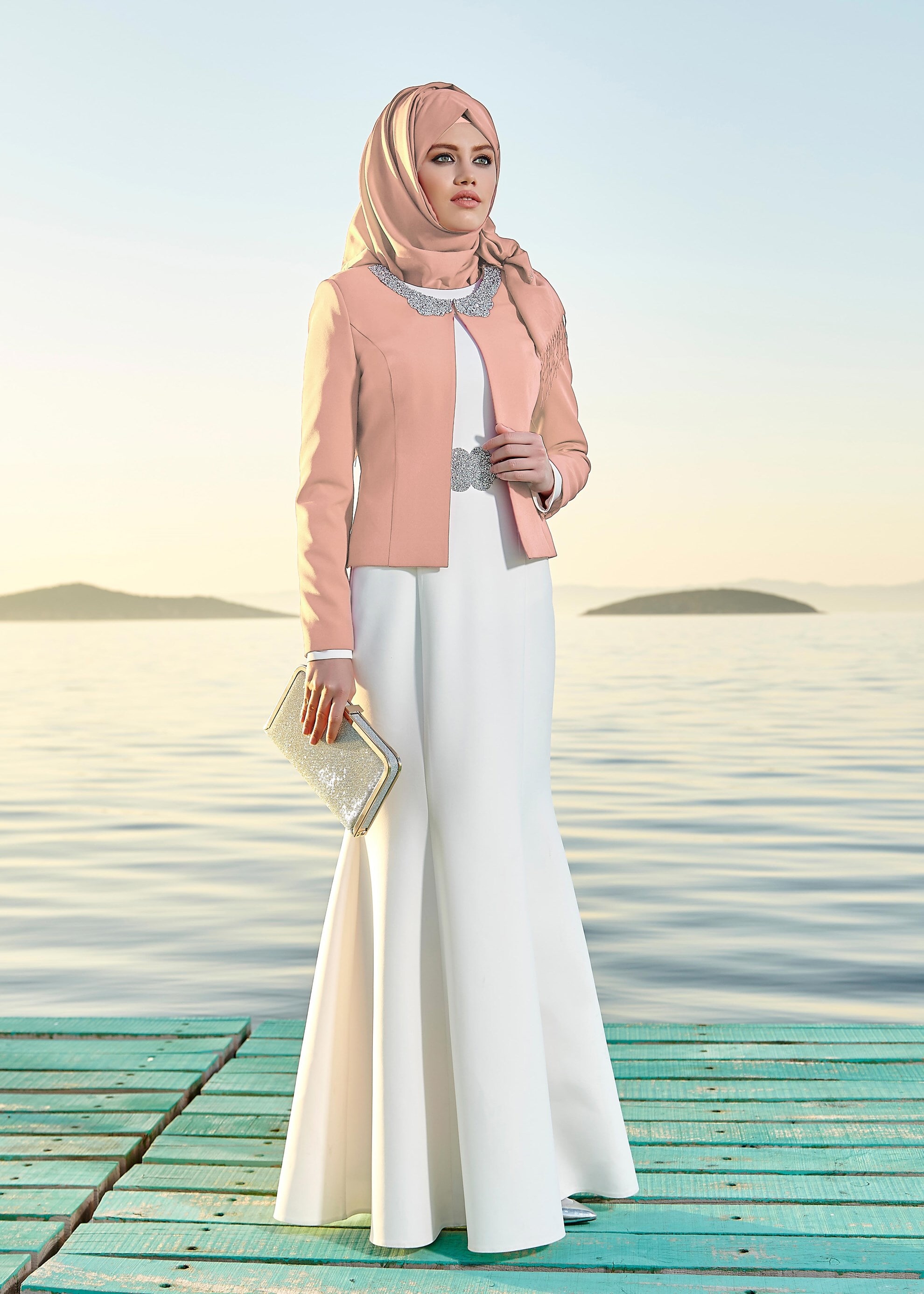 Tesettür giyim PUDRA Boncuk İşlemeli 2&prime;li Abiye Elbise 5199 