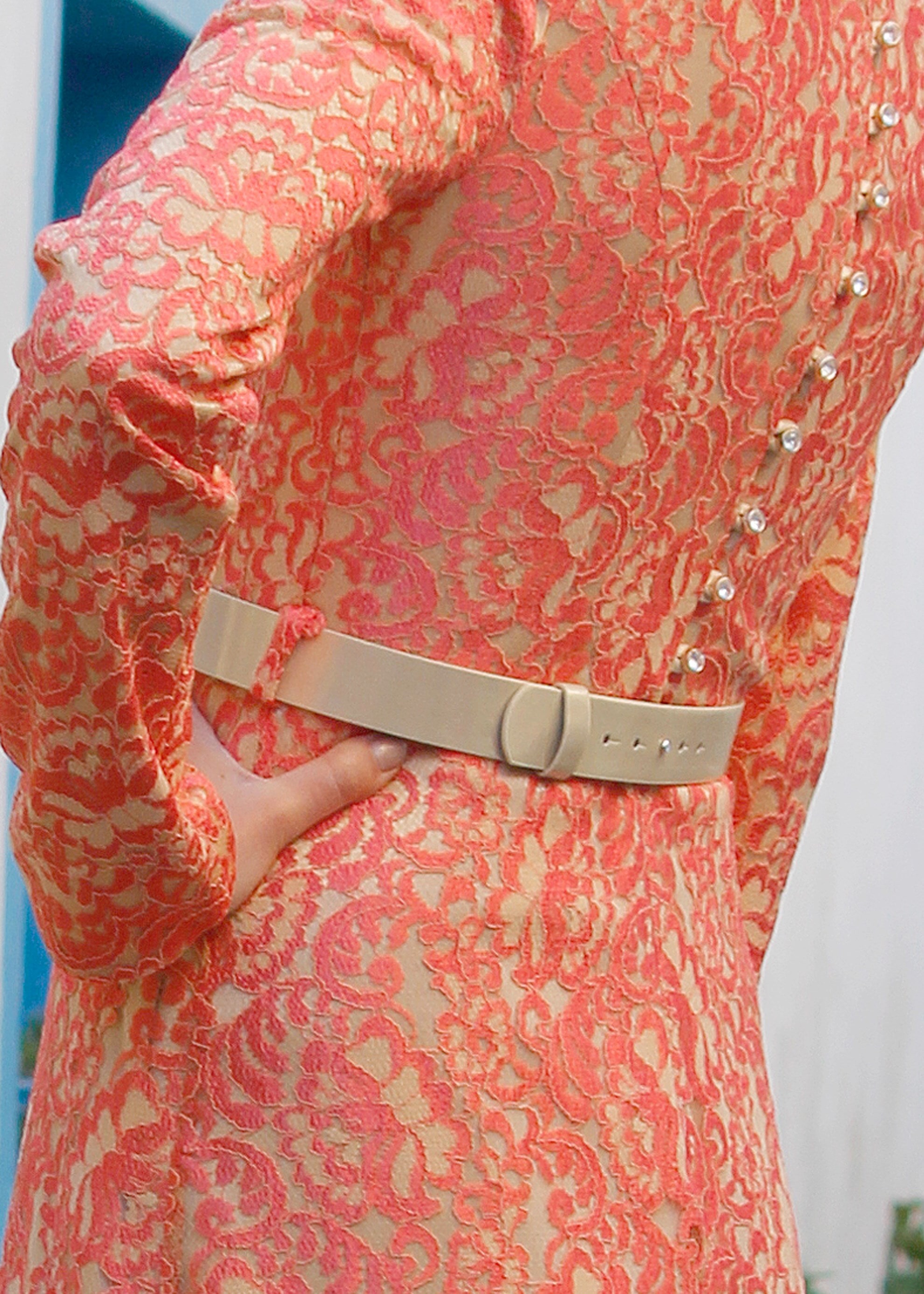 Tesettür giyim MERCAN İŞLEMELİ TAŞ DETAYLI ABİYE ELBİSE 5203