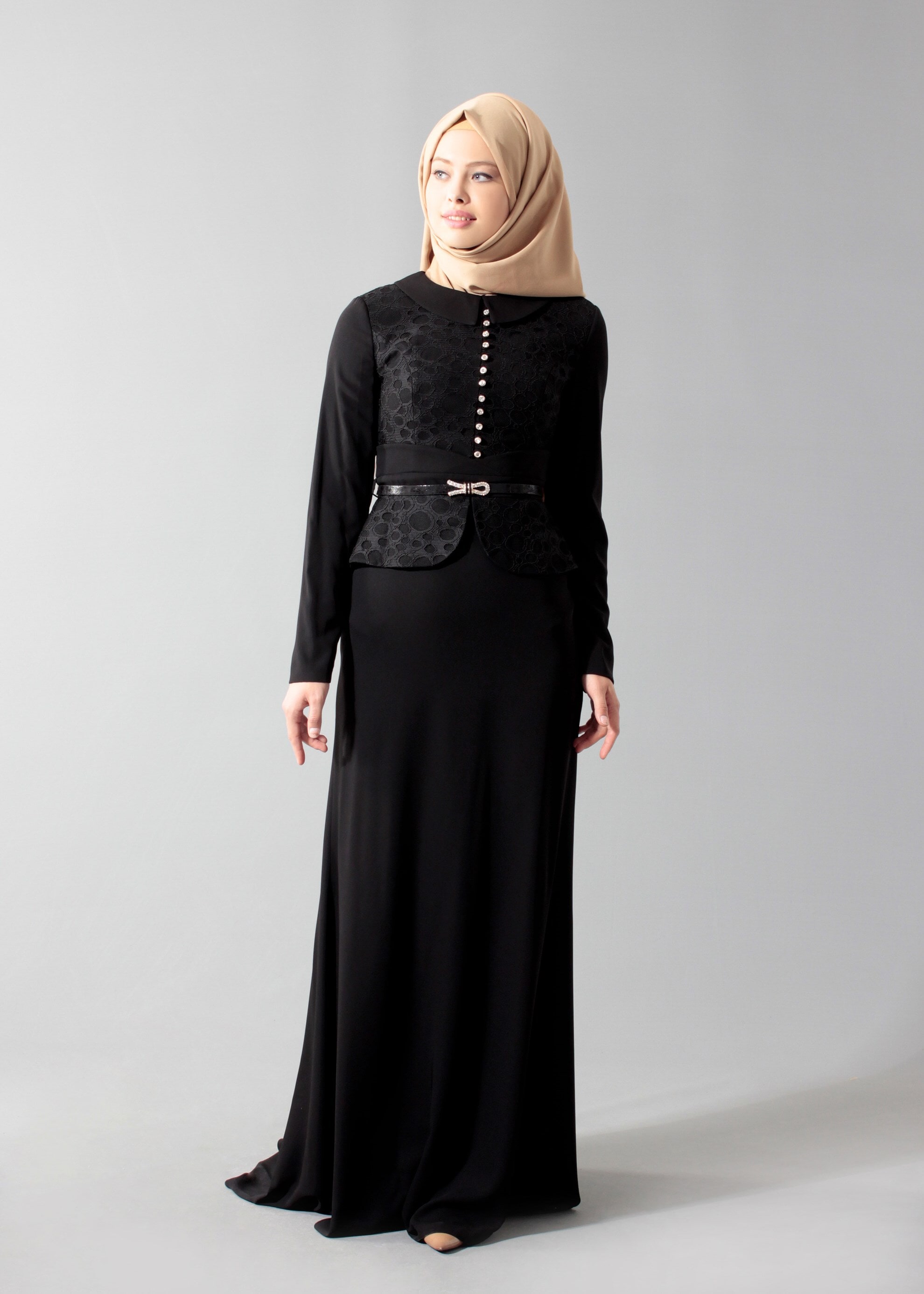 Tesettür giyim SİYAH TAŞ DETAYLI GÖMLEK YAKA ABİYE ELBİSE 5206