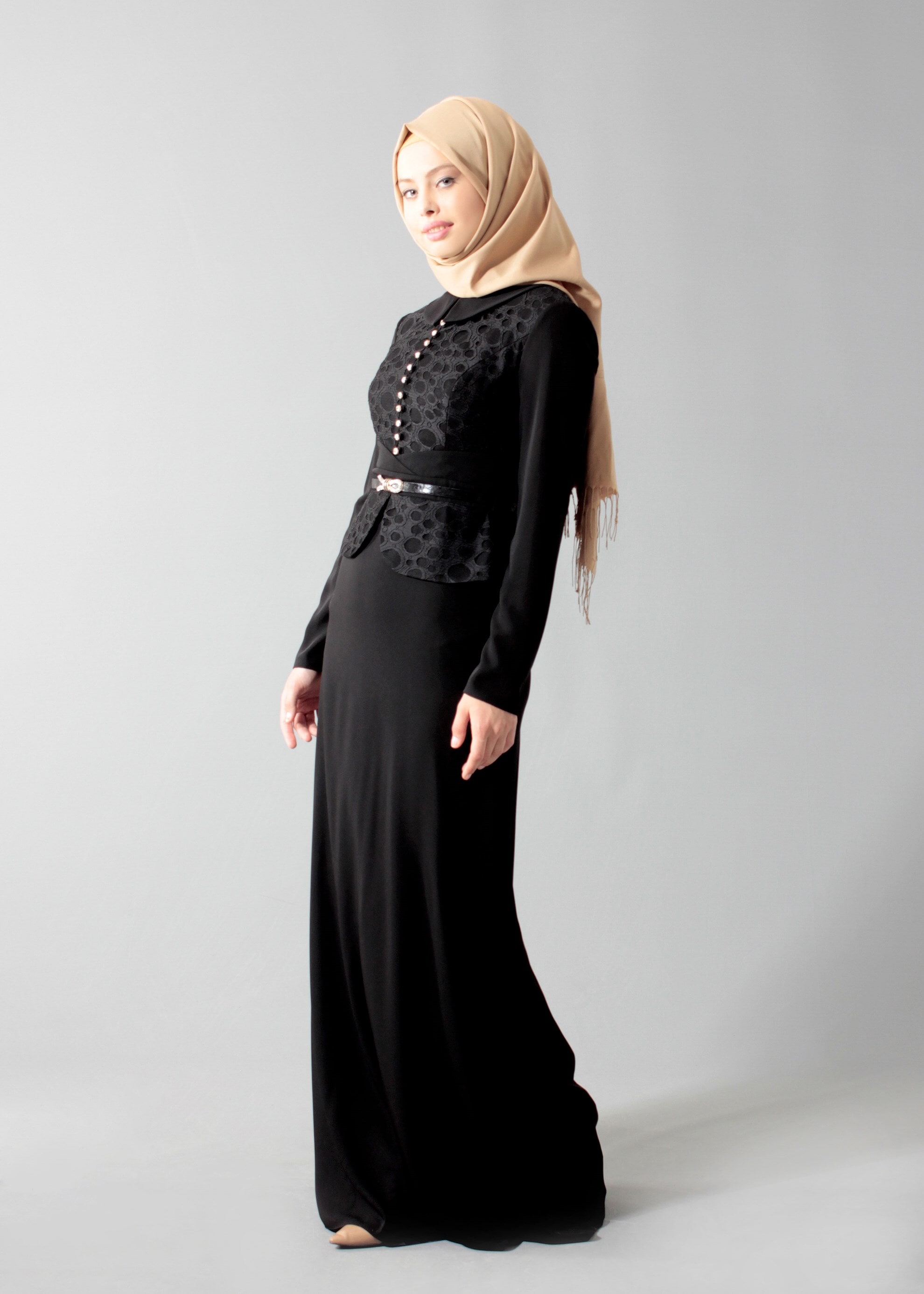 Tesettür giyim SİYAH TAŞ DETAYLI GÖMLEK YAKA ABİYE ELBİSE 5206