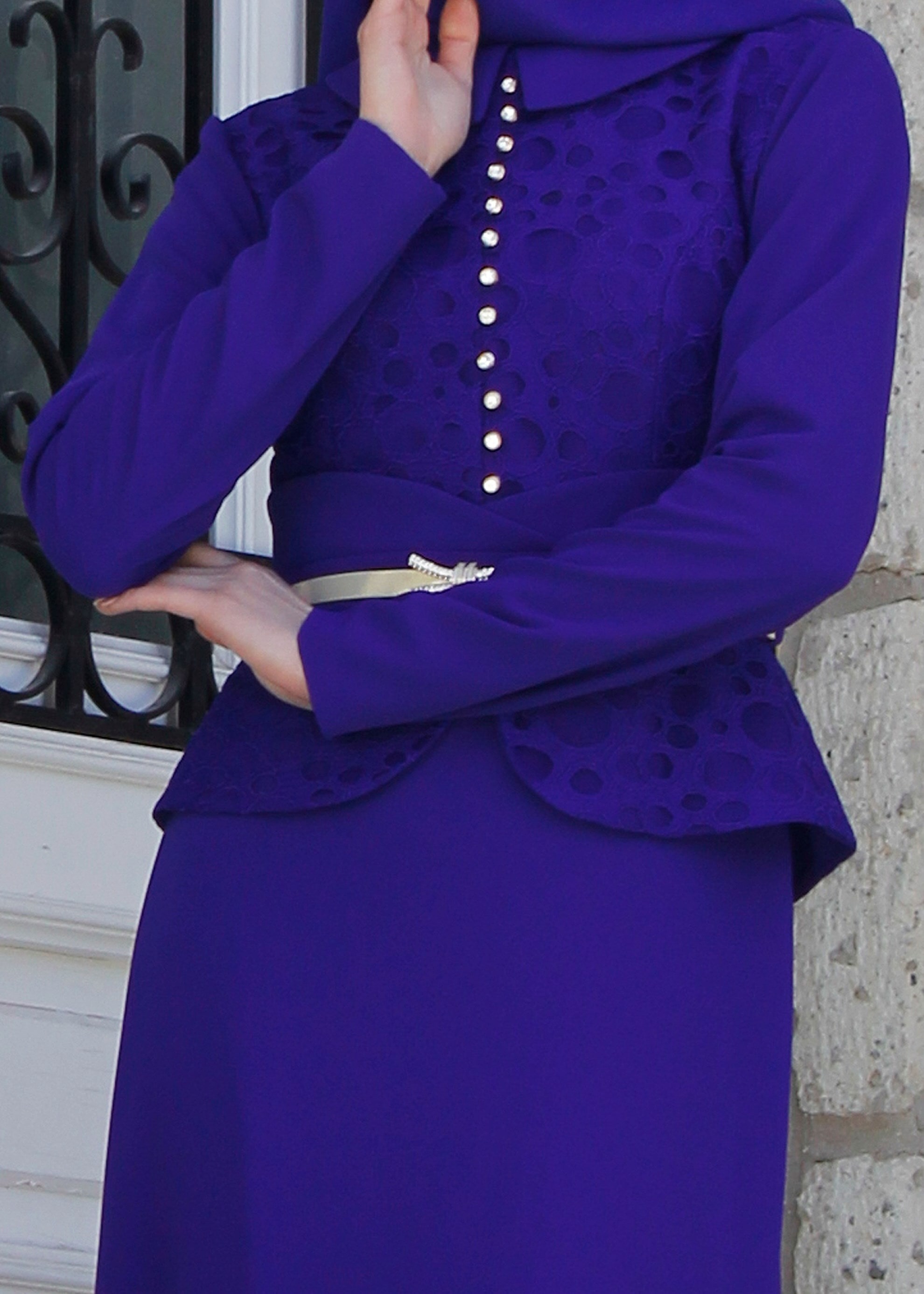 Tesettür giyim LACİVERT TAŞ DETAYLI GÖMLEK YAKA ABİYE ELBİSE 5206