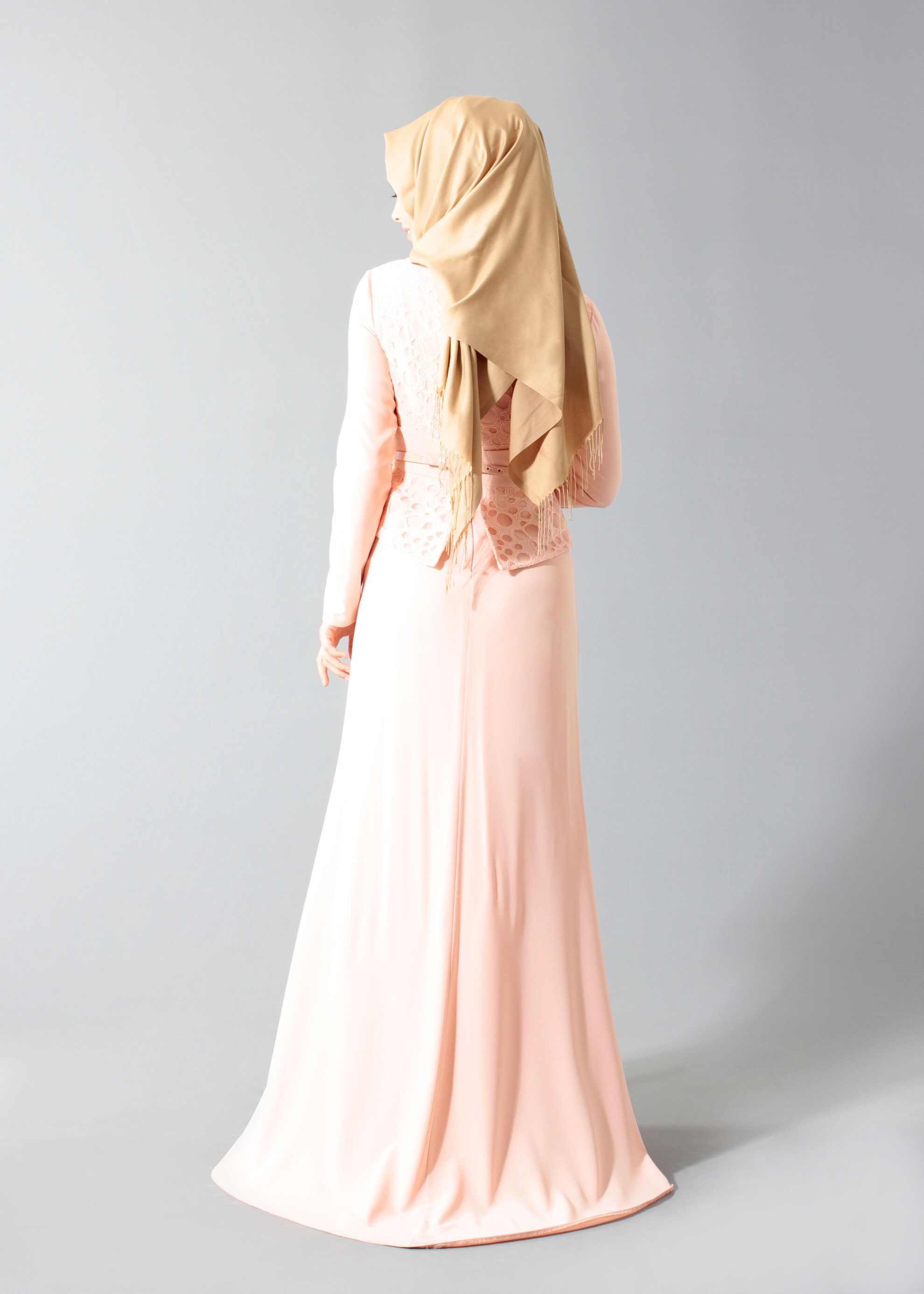 Tesettür giyim PUDRA TAŞ DETAYLI GÖMLEK YAKA ABİYE ELBİSE 5206