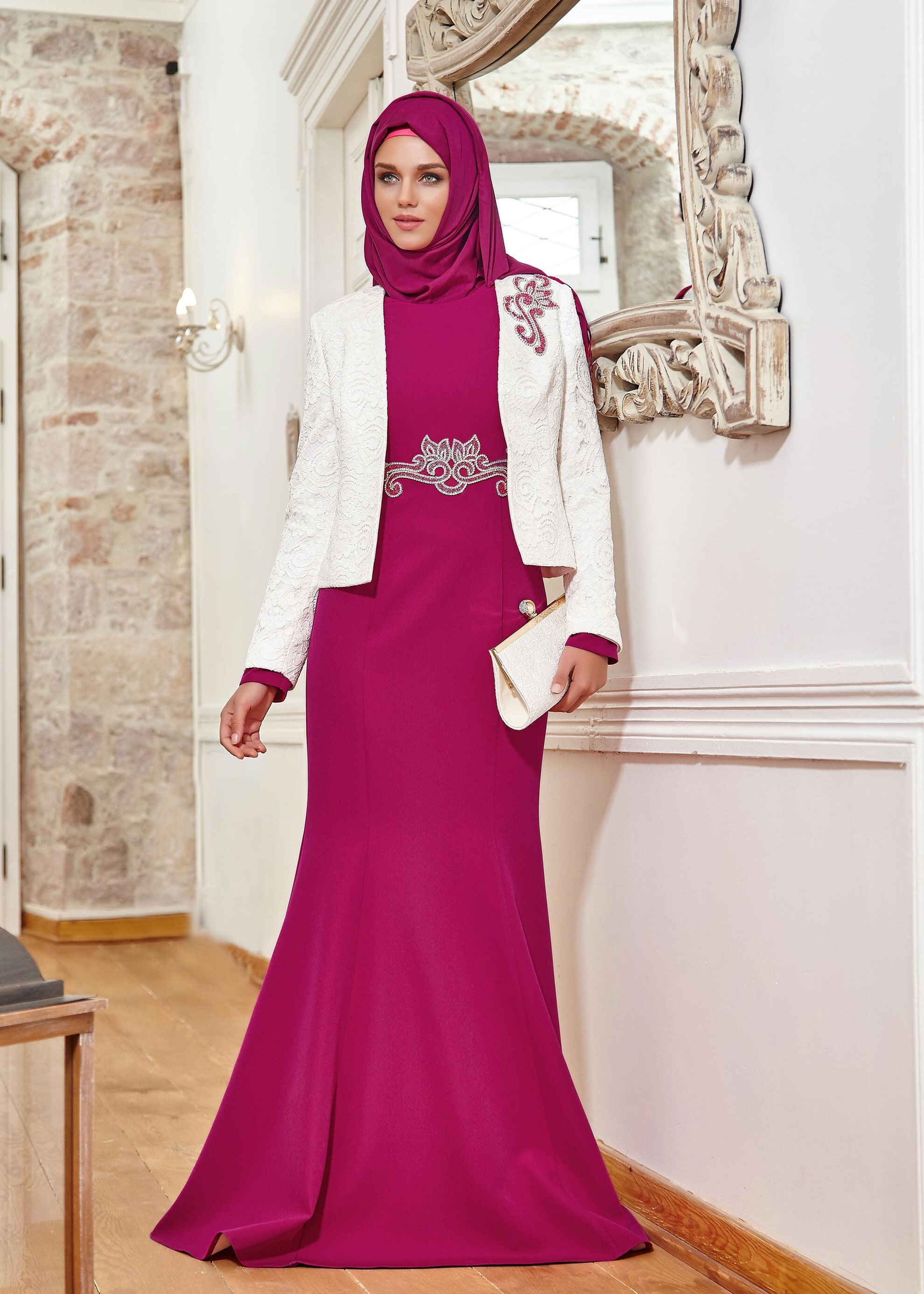 Tesettür giyim FUŞYA TAŞ DETAYLI İKİLİ ABİYE ELBİSE 5208