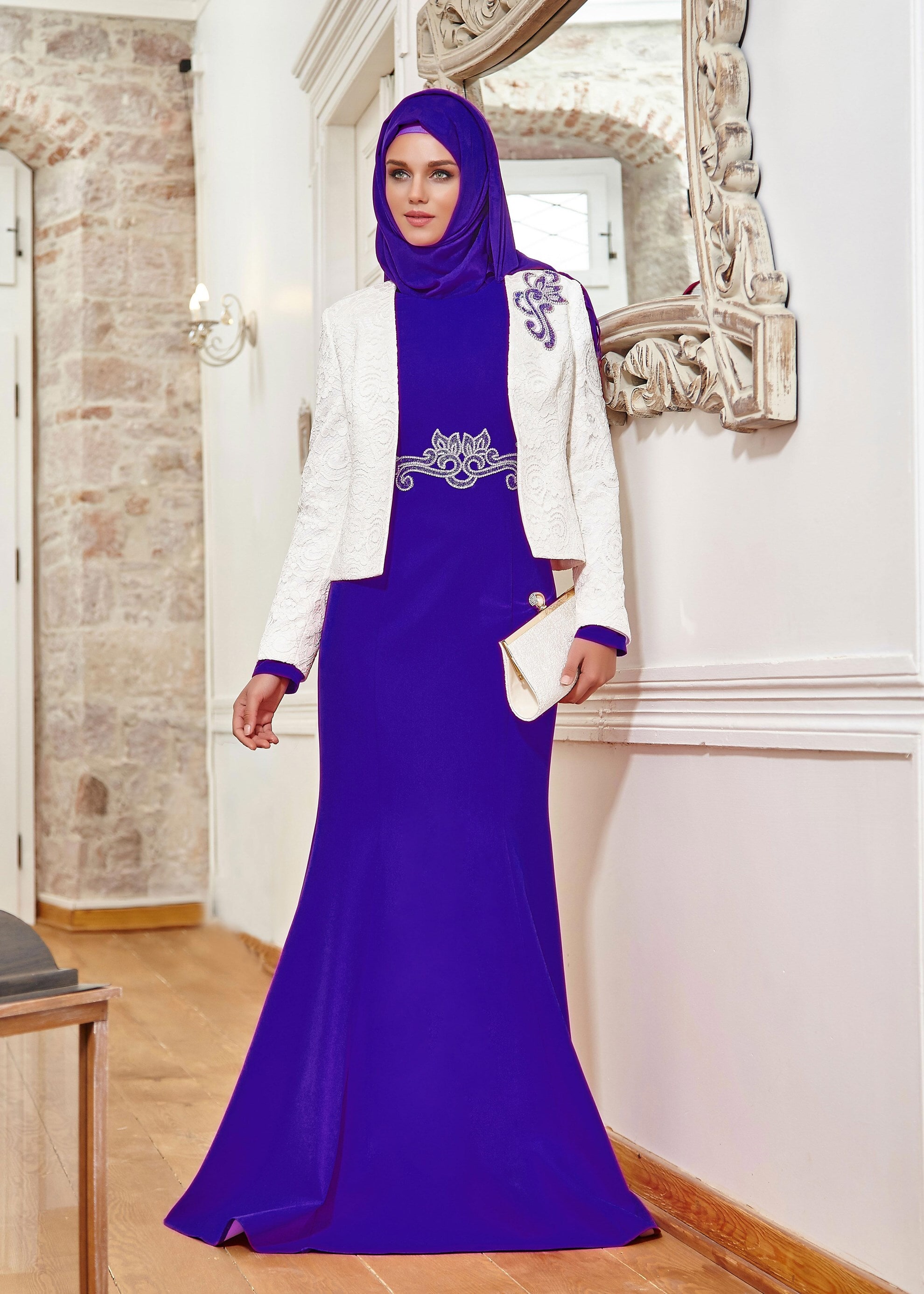 Tesettür giyim LACİVERT TAŞ DETAYLI İKİLİ ABİYE ELBİSE 5208