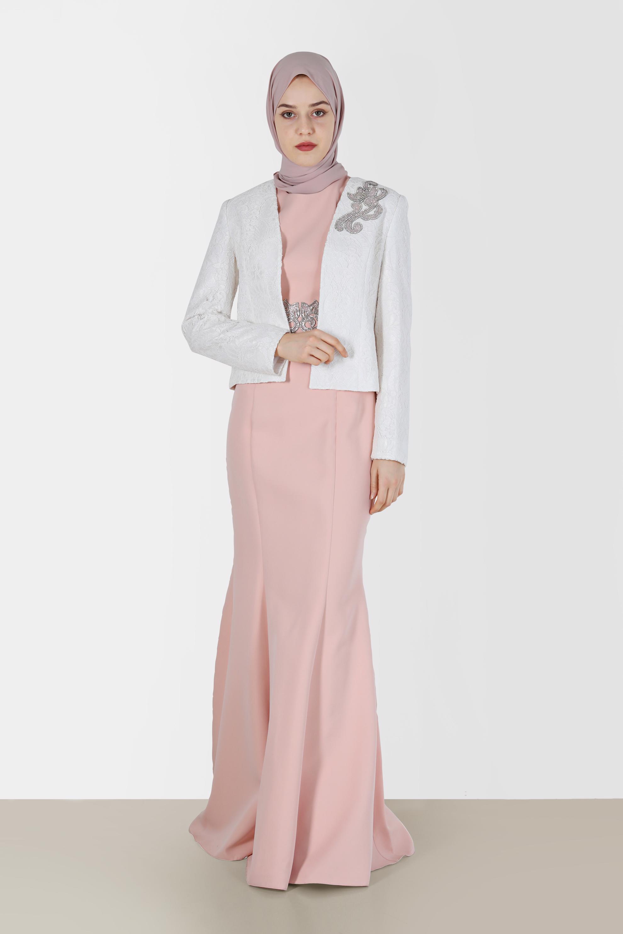 Tesettür giyim PUDRA TAŞ DETAYLI İKİLİ ABİYE ELBİSE 5208