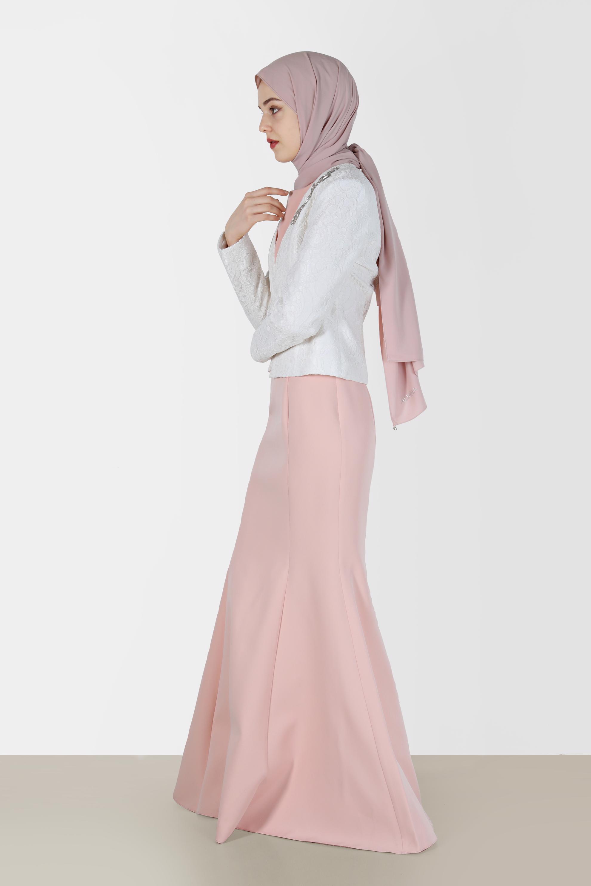 Tesettür giyim PUDRA TAŞ DETAYLI İKİLİ ABİYE ELBİSE 5208