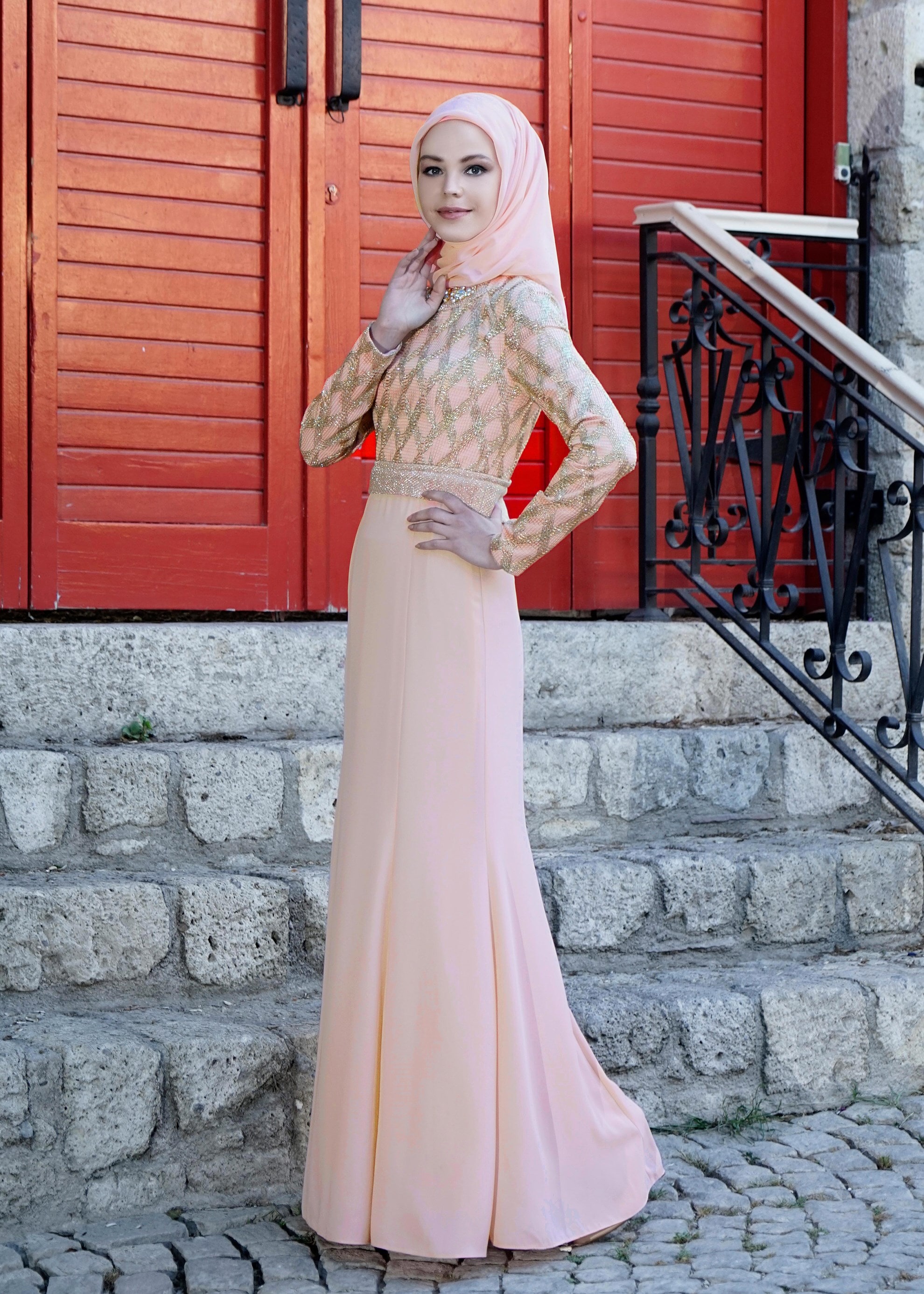 Tesettür giyim PUDRA FİLE DETAYLI ABİYE ELBİSE 5211