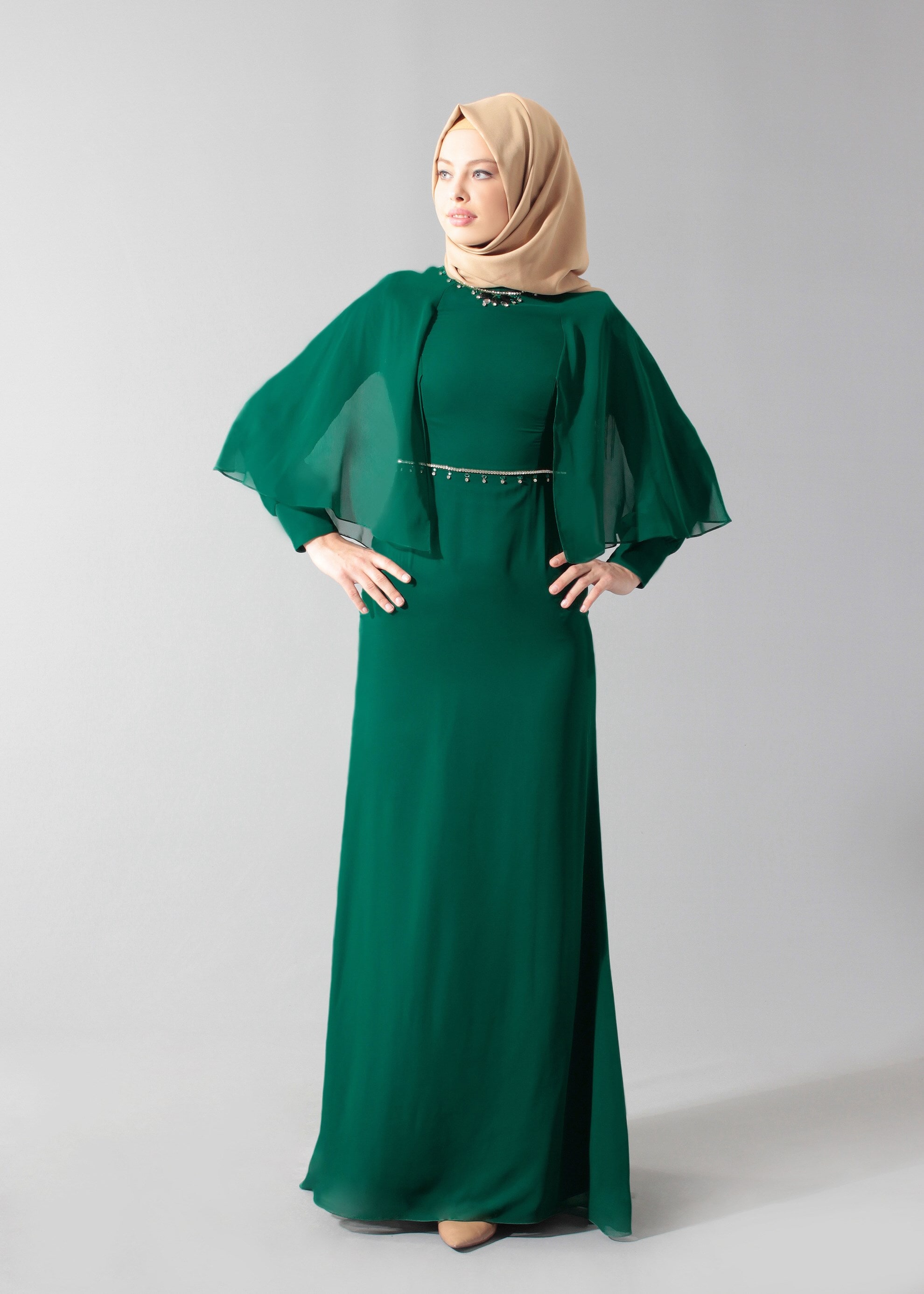 Tesettür giyim YEŞİL TAŞ İŞLEMELİ ŞİFON ABİYE ELBİSE 5214