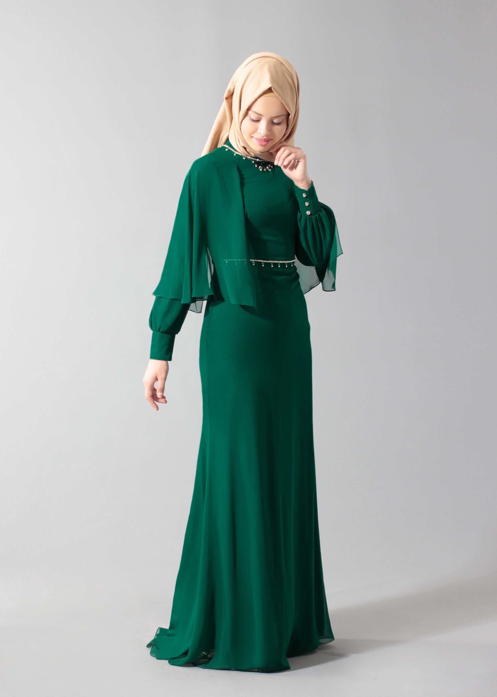 Tesettür giyim YEŞİL TAŞ İŞLEMELİ ŞİFON ABİYE ELBİSE 5214