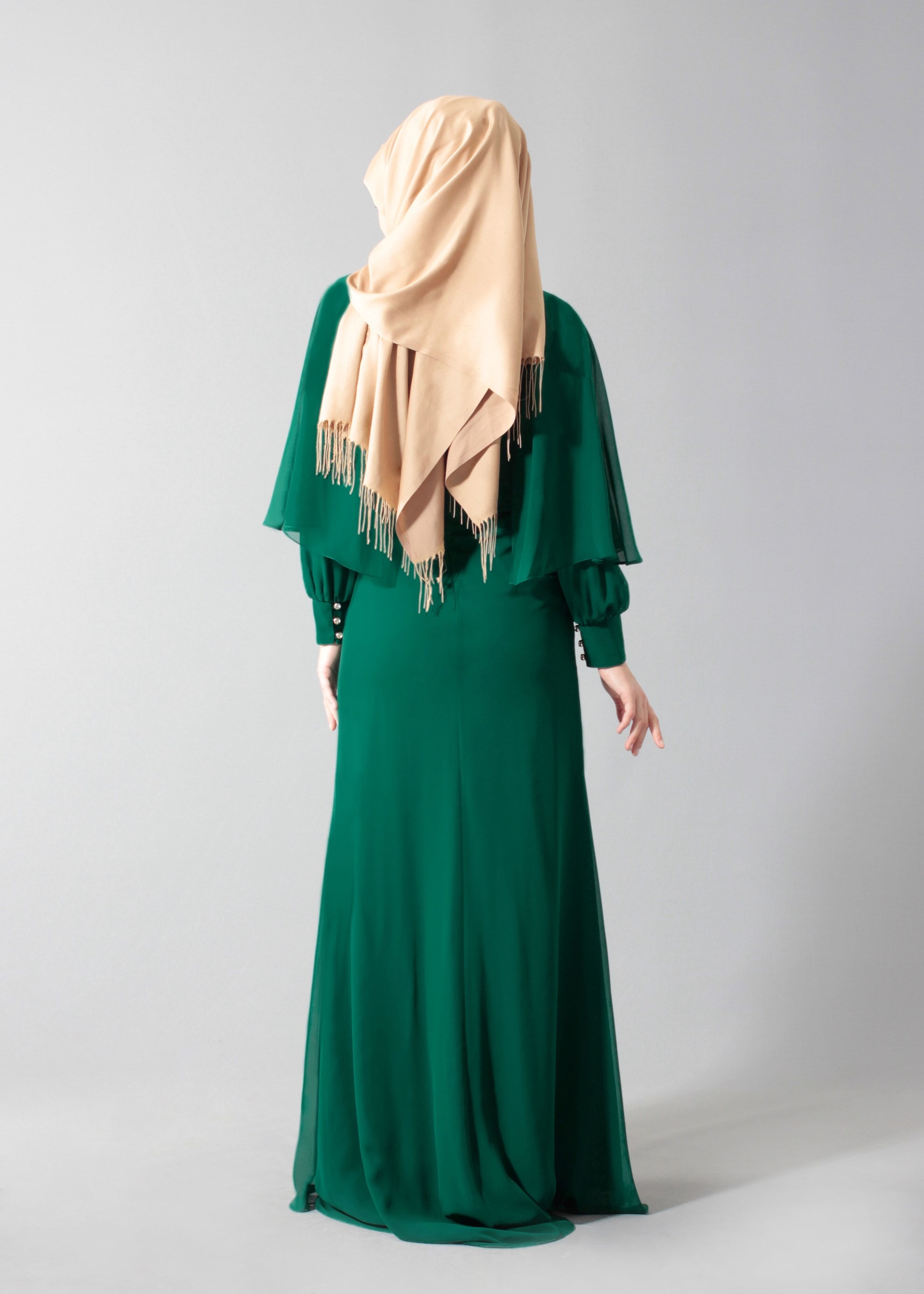 Tesettür giyim YEŞİL TAŞ İŞLEMELİ ŞİFON ABİYE ELBİSE 5214