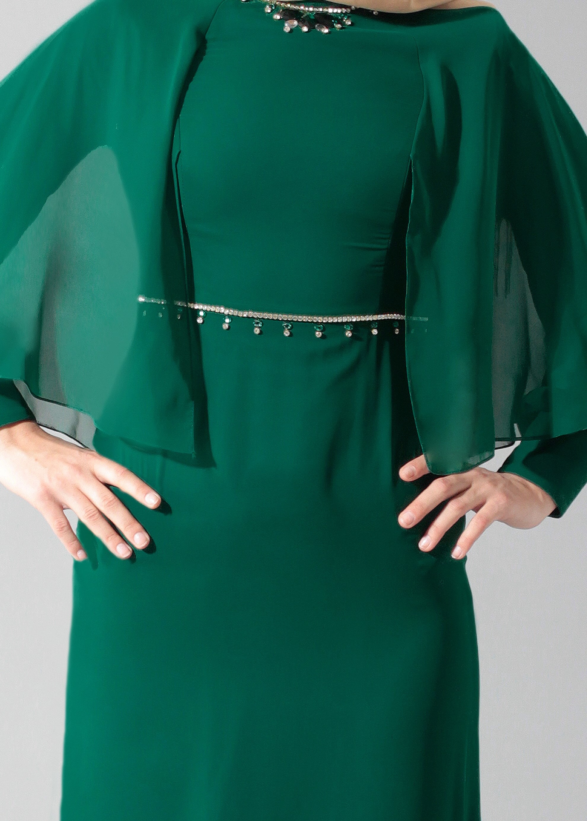 Tesettür giyim YEŞİL TAŞ İŞLEMELİ ŞİFON ABİYE ELBİSE 5214