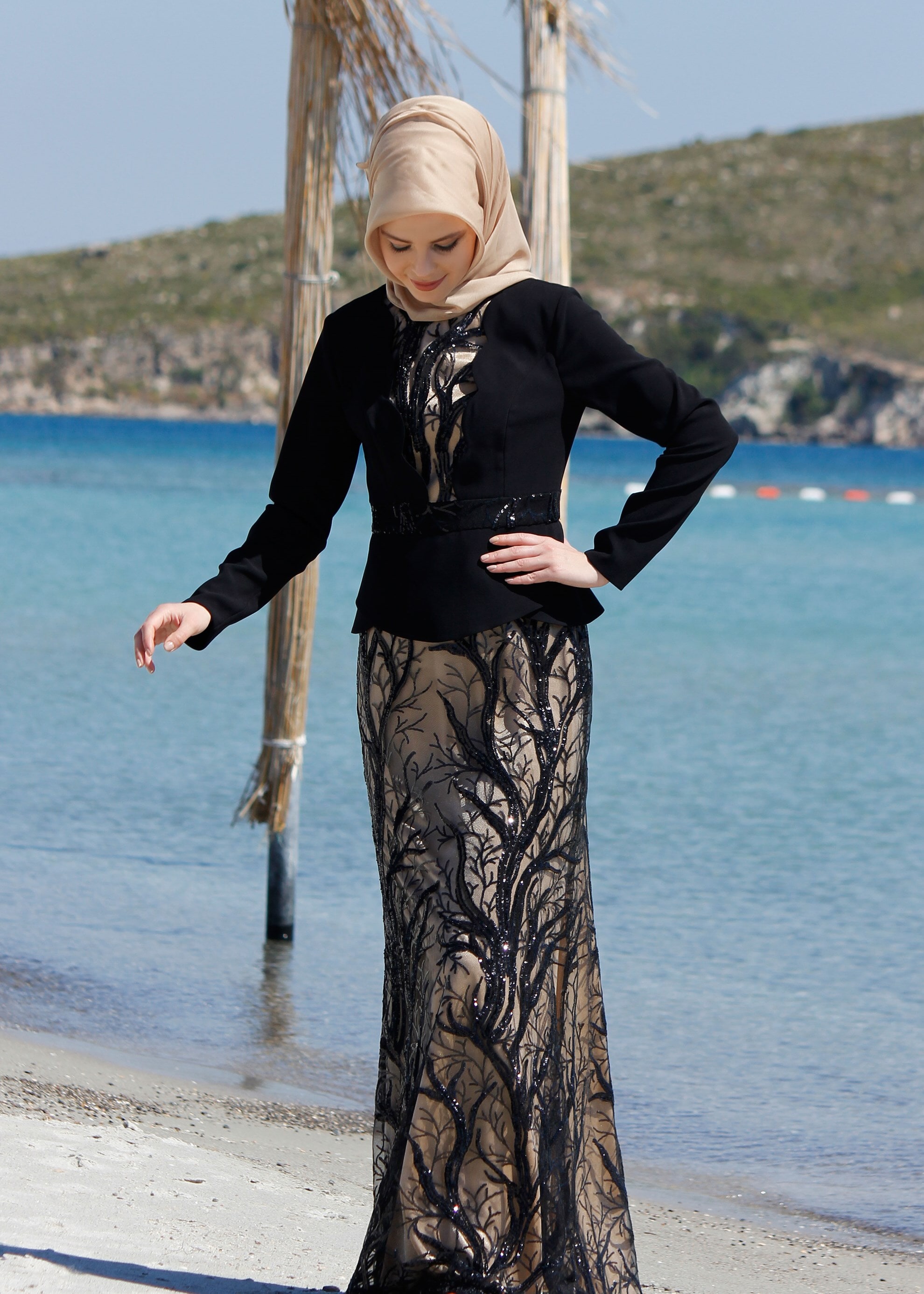 Tesettür giyim SİYAH PUL PAYET İŞLEMELİ ABİYE ELBİSE 5215