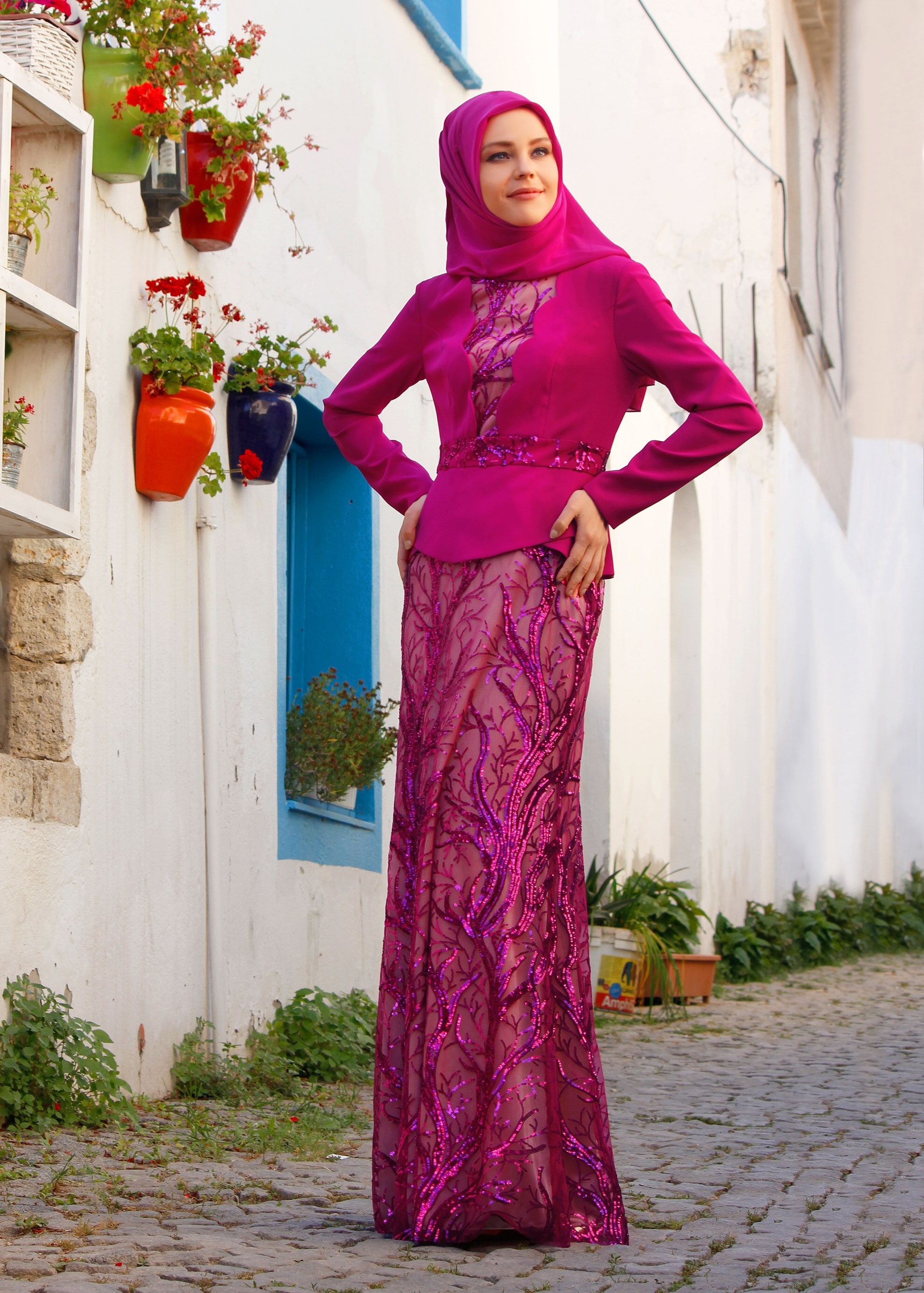 Tesettür giyim FUŞYA PUL PAYET İŞLEMELİ ABİYE ELBİSE 5215