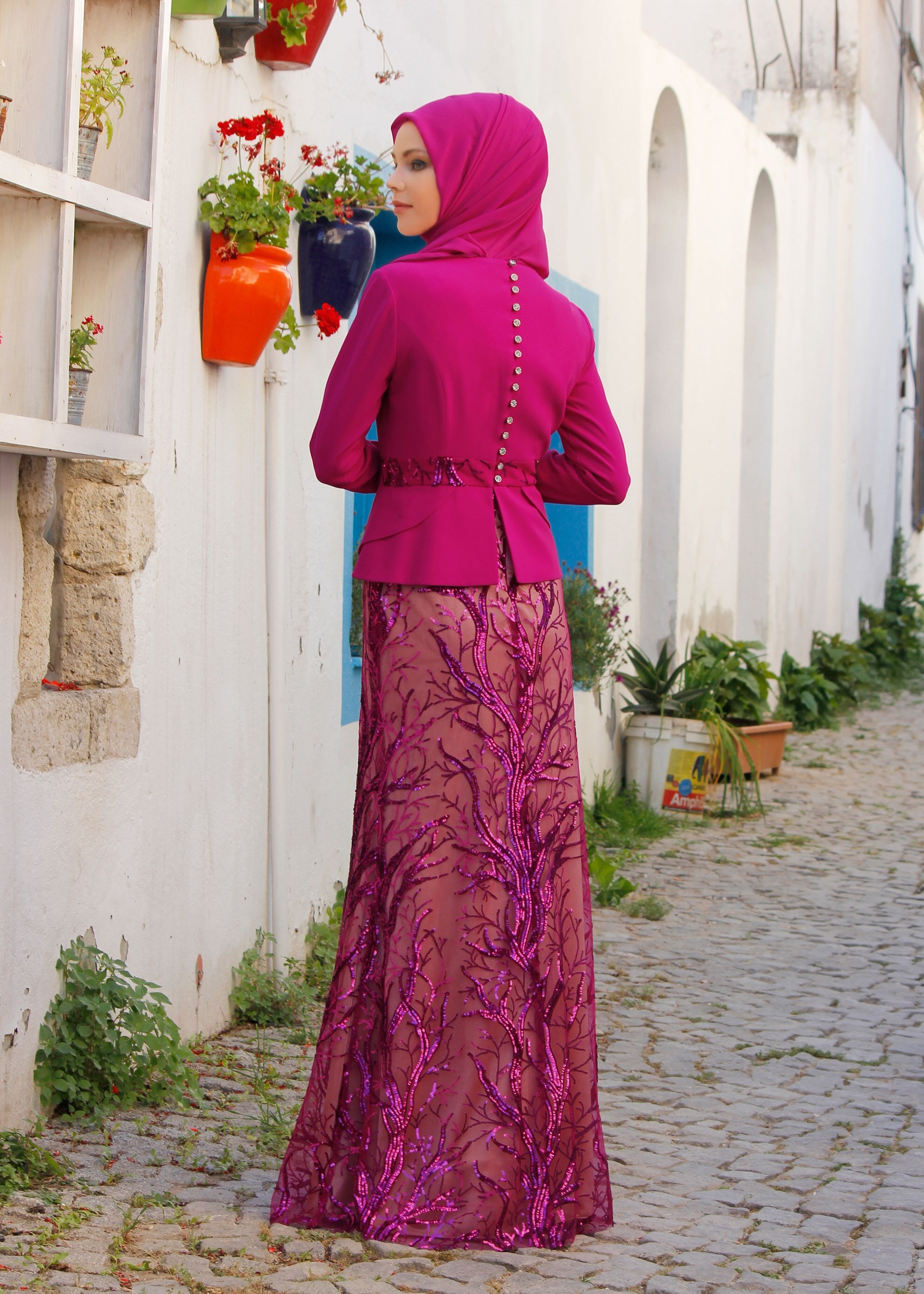 Tesettür giyim FUŞYA PUL PAYET İŞLEMELİ ABİYE ELBİSE 5215