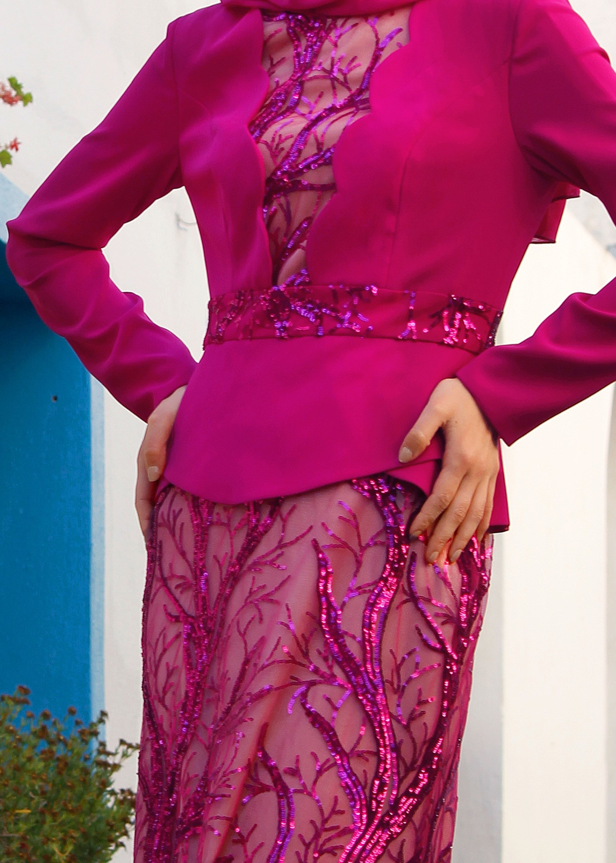 Tesettür giyim FUŞYA PUL PAYET İŞLEMELİ ABİYE ELBİSE 5215