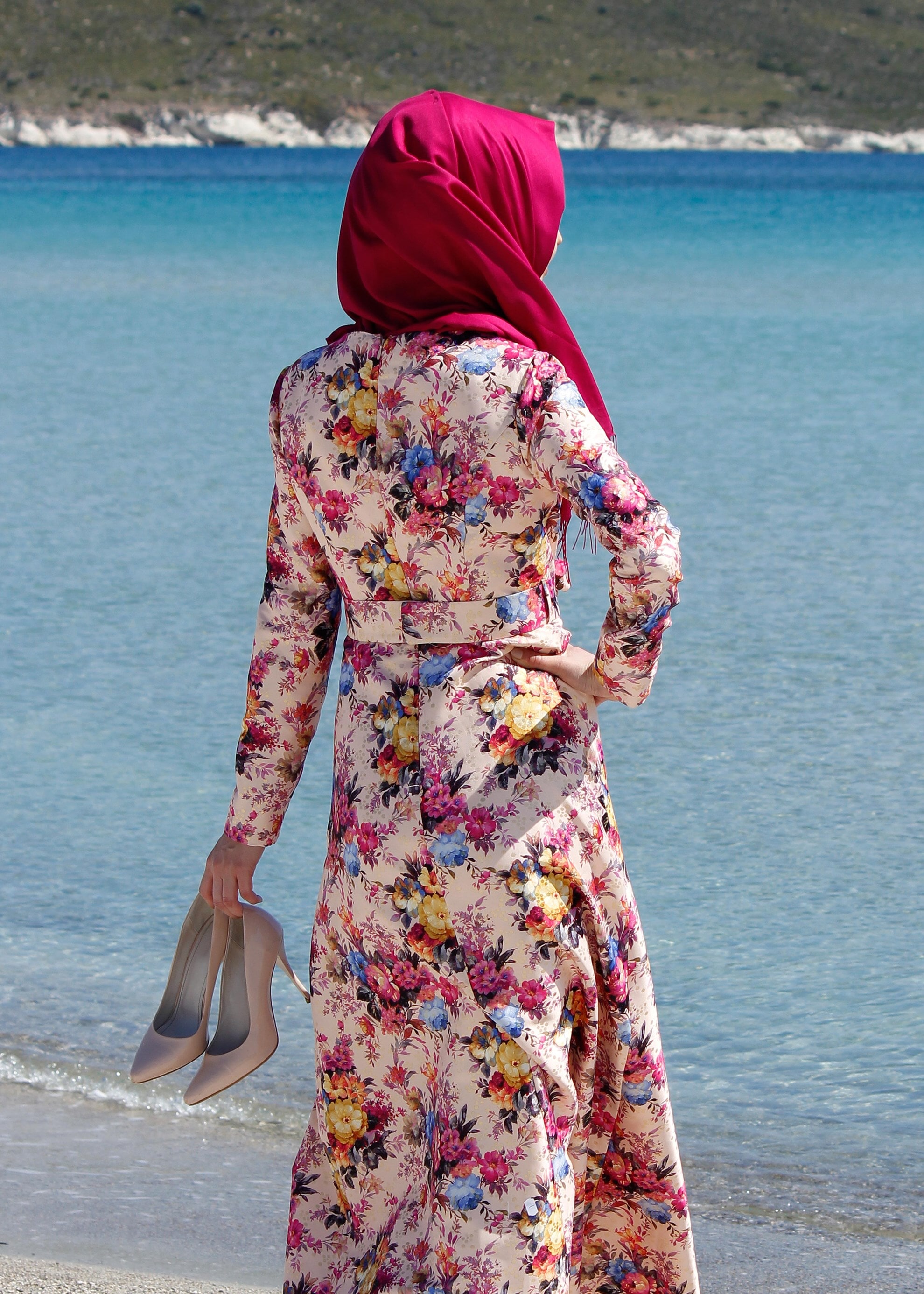 Tesettür giyim PUDRA ÇİÇEK DESENLİ ABİYE ELBİSE 5221