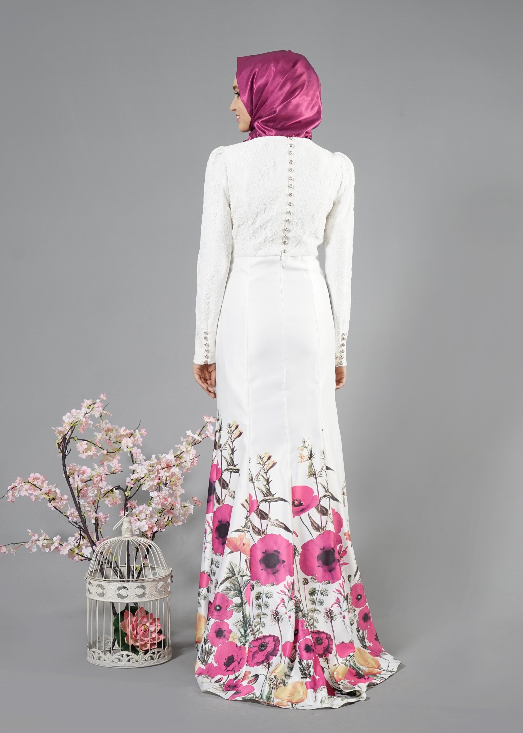 Tesettür giyim FUŞYA ÇİÇEK DESENLİ DÜĞMELİ ABİYE ELBİSE 5223