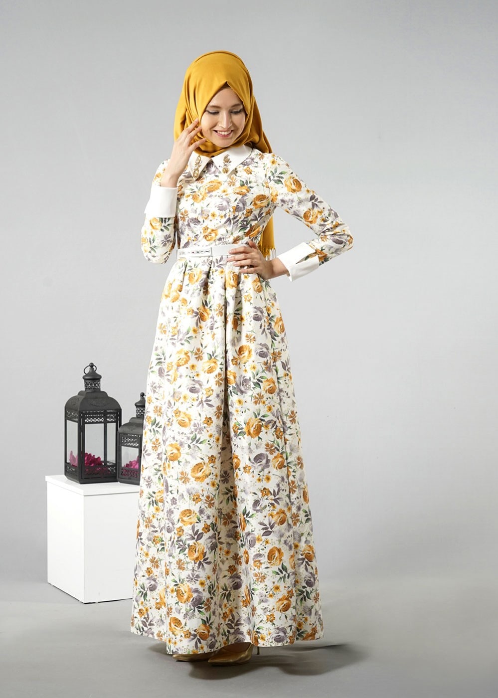 Tesettür giyim SARI GÖMLEK YAKA ÇİÇEK DESENLİ ABİYE ELBİSE 5224